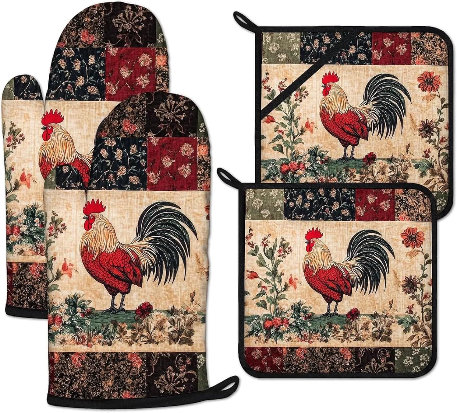 Rustic Rooster Oven Mitts and Pot Holders Set, Heat Kitchen Gloves for Baking Cooking BBQ