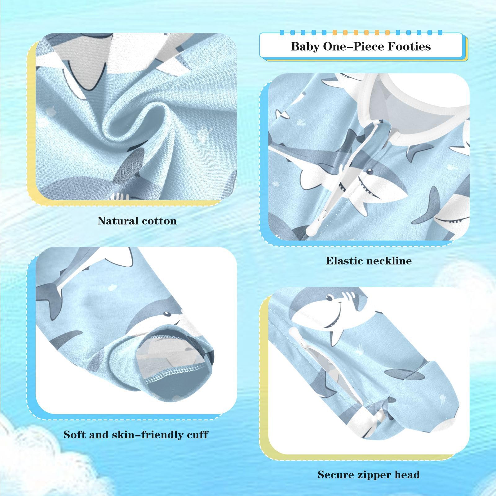 Wusikd Cartoon Sharks One-Piece Footies Cute Bodysuit Rompers Zipper for Boys Girls 3M
