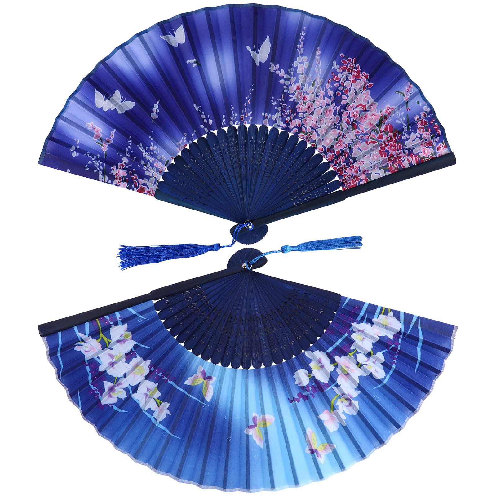 Folding Hand Fan, 2 Pcs Silk Fabric Bamboo Ribs Hand Held Chinese Fan for Men and Women Foldable for Wedding, Party Favor, Performance, Dance, Decor, Festival, Gift (Blue, Novelty Style)