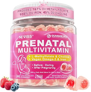 Prenatal Vitamins for Women Multivitamin Gummies w/ Methylfolate 1mg, Choline Omega-3DHA+EPA Iron, Postnatal Vitamins for Women Breastfeeding | Before,During & After Pregnancy,Sugar Free,Vegan,60Cts