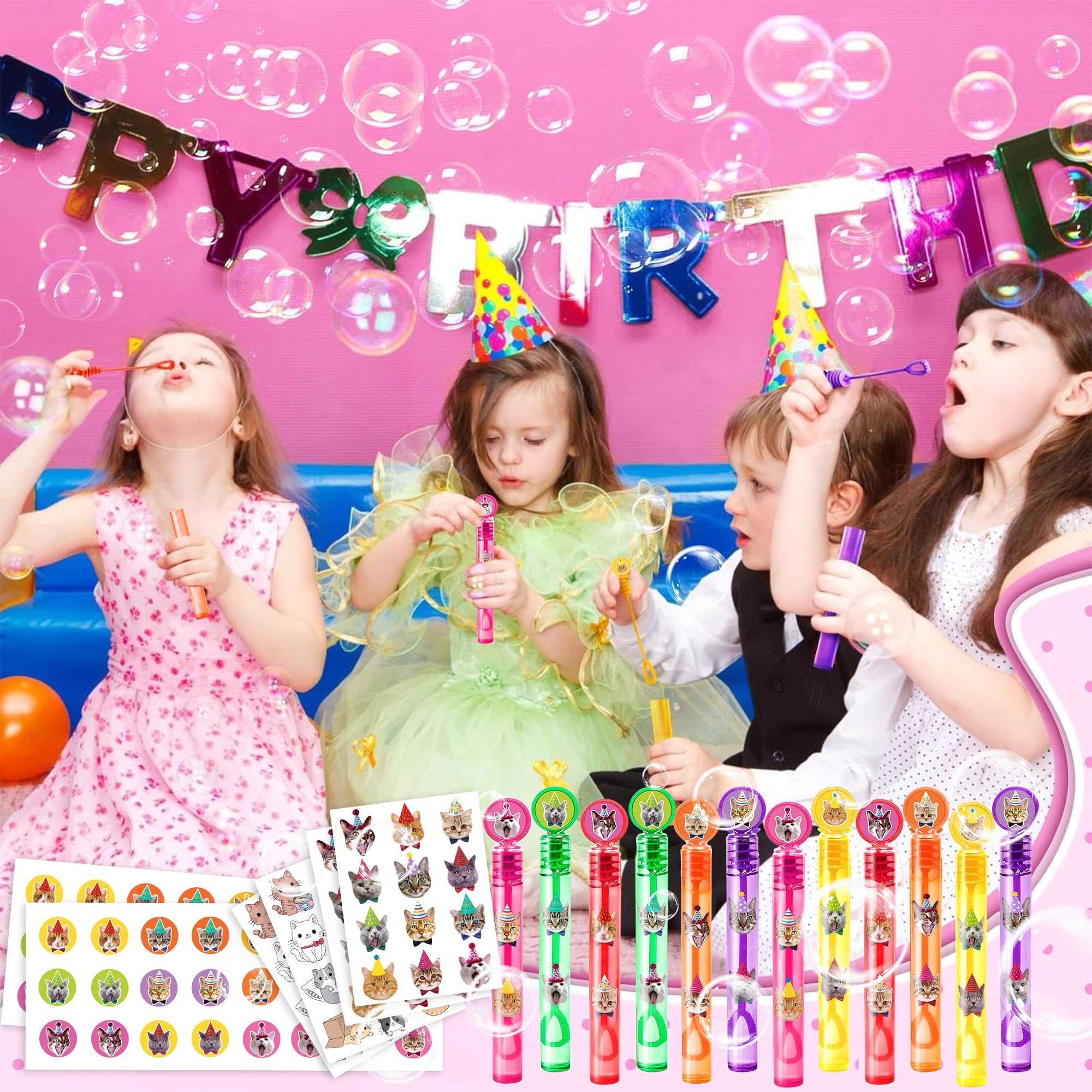 24PCS Funny Cat DIY Bubble Wands with 96PCS Stickers - Party Favor for Goodie Bags, Pinata Stuffers, Mini Bubble Bulk Farm Birthday Supplies, Toys Gifts, Class Prizes for Toddlers, Boys & Girls