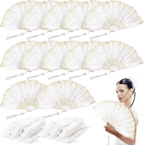 12 juegos de abanicos de plumas de marabú de encaje de mano con borlas y bolsas de organza, flores bordadas de los años 20, abanicos de mano
