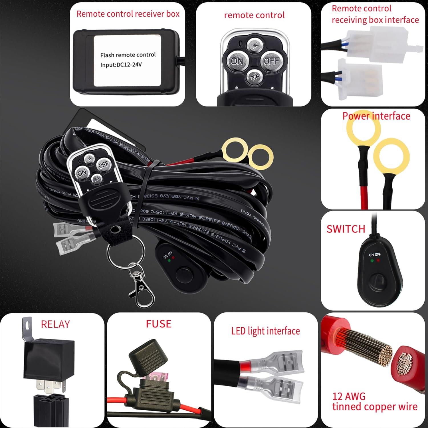LED Driving Light Bar Remote Control Wiring Harness Kit 12AWG Cable Heavy Duty1Lead, DC12V - On-Off Switch, Power Relay & Blade Fuse, Compatible with LED Offroad Driving Light Bars
