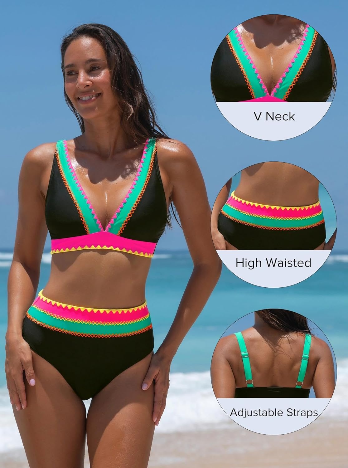 popvil High Waisted Bikini Sets for Women Two Piece Swimsuit Neon Bathing Suits V Neck Full Coverage Swim Suits 2026