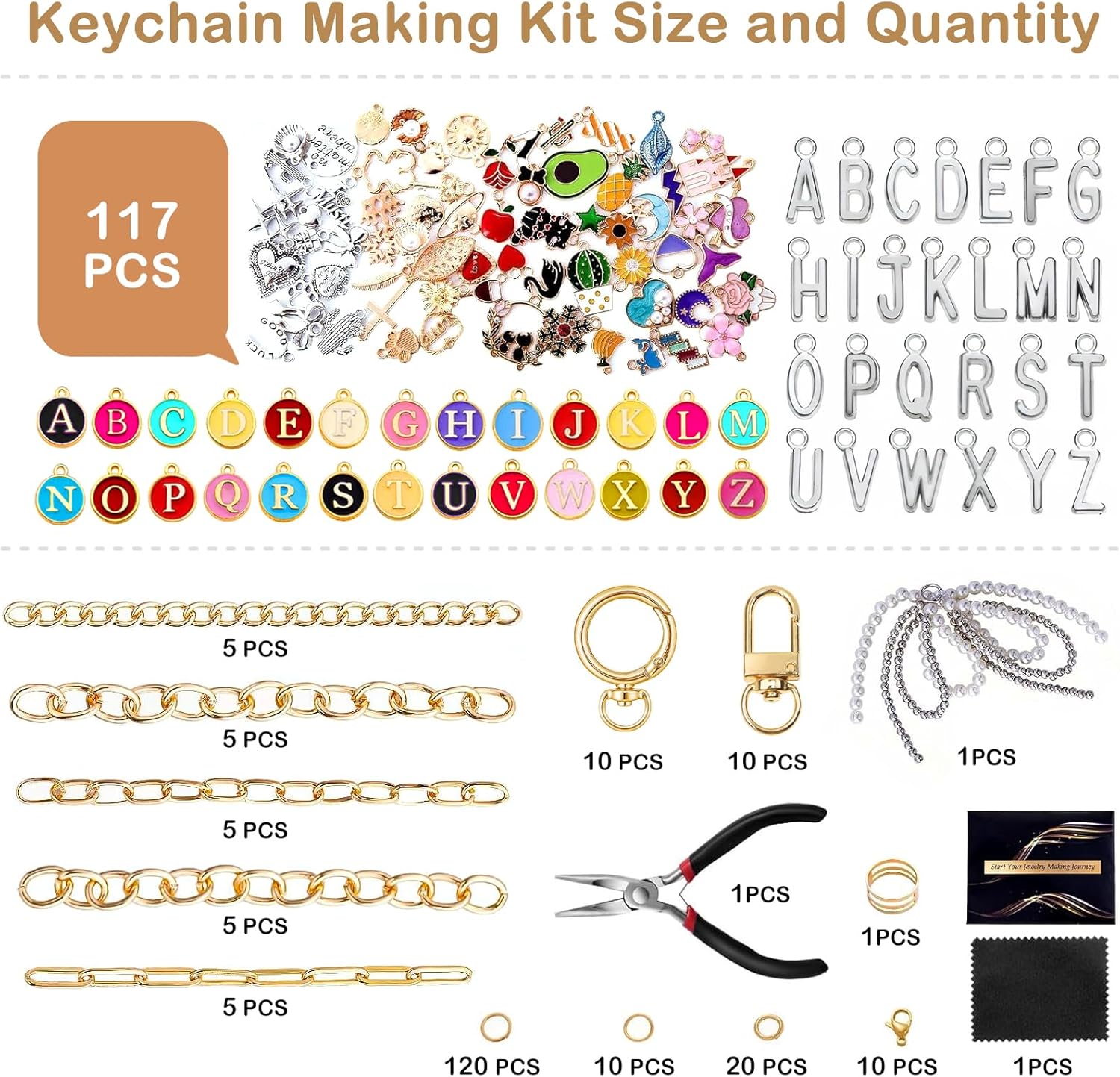 EVNEED 325Pcs Charms Keychain Making Kit, Including 20 Keychain Clips 25 Extender Chain 117 Charms Jewelry Plier, Bag Charm Kit, Keychains Making Supplies for Jewelry Making,Gifts for Girls
