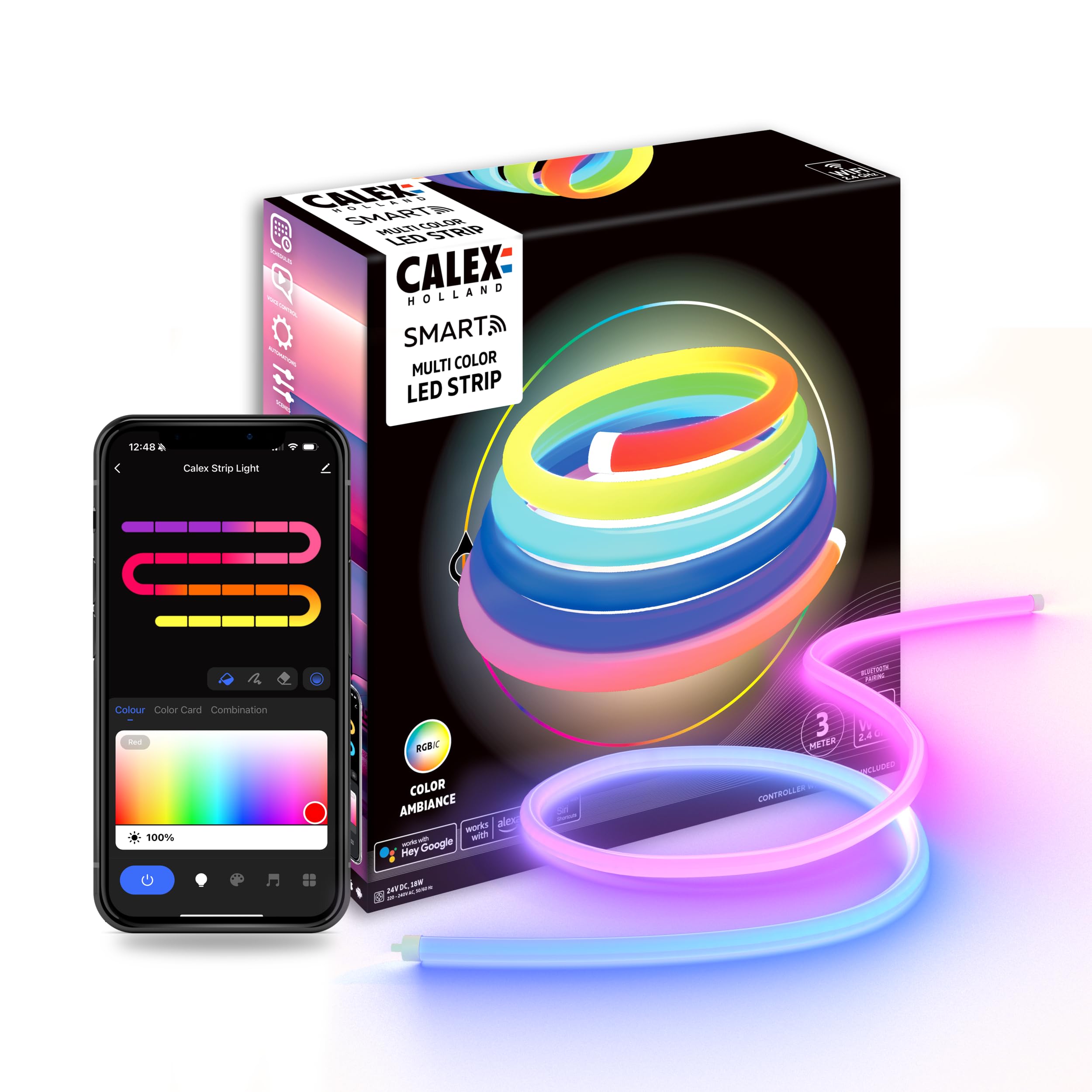 CALEX Smart Neon LED Streifen, 3 m, RGBIC-Farben, dimmbar, WLAN App- & Sprachsteuerung