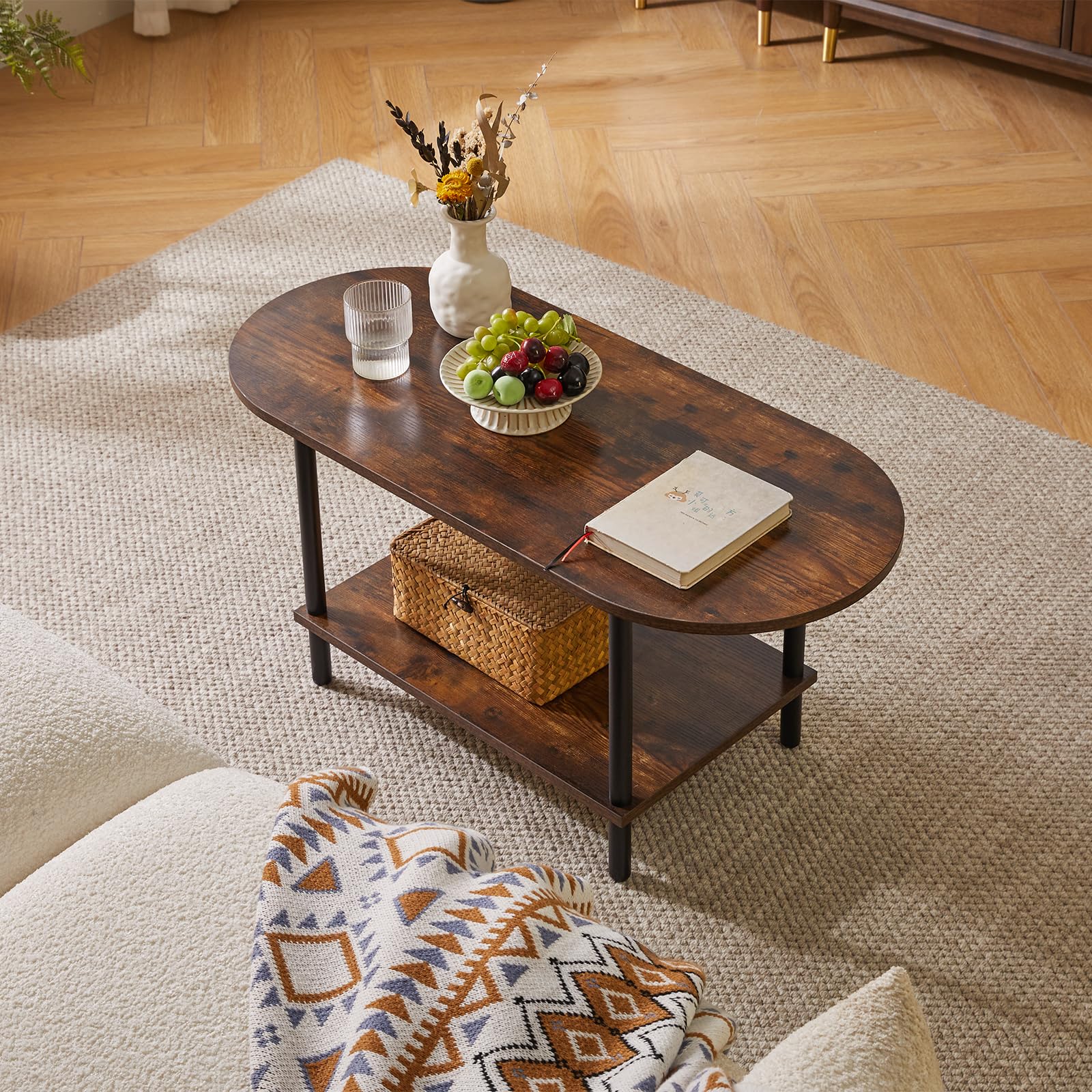 Mesa de centro rústica pequeña, mesa de centro de TV de 35 x 16 x 17 pulgadas, mesa de té ovalada de madera de 2 niveles para sala de estar, apartamento, marrón rústico YD-012H 2
