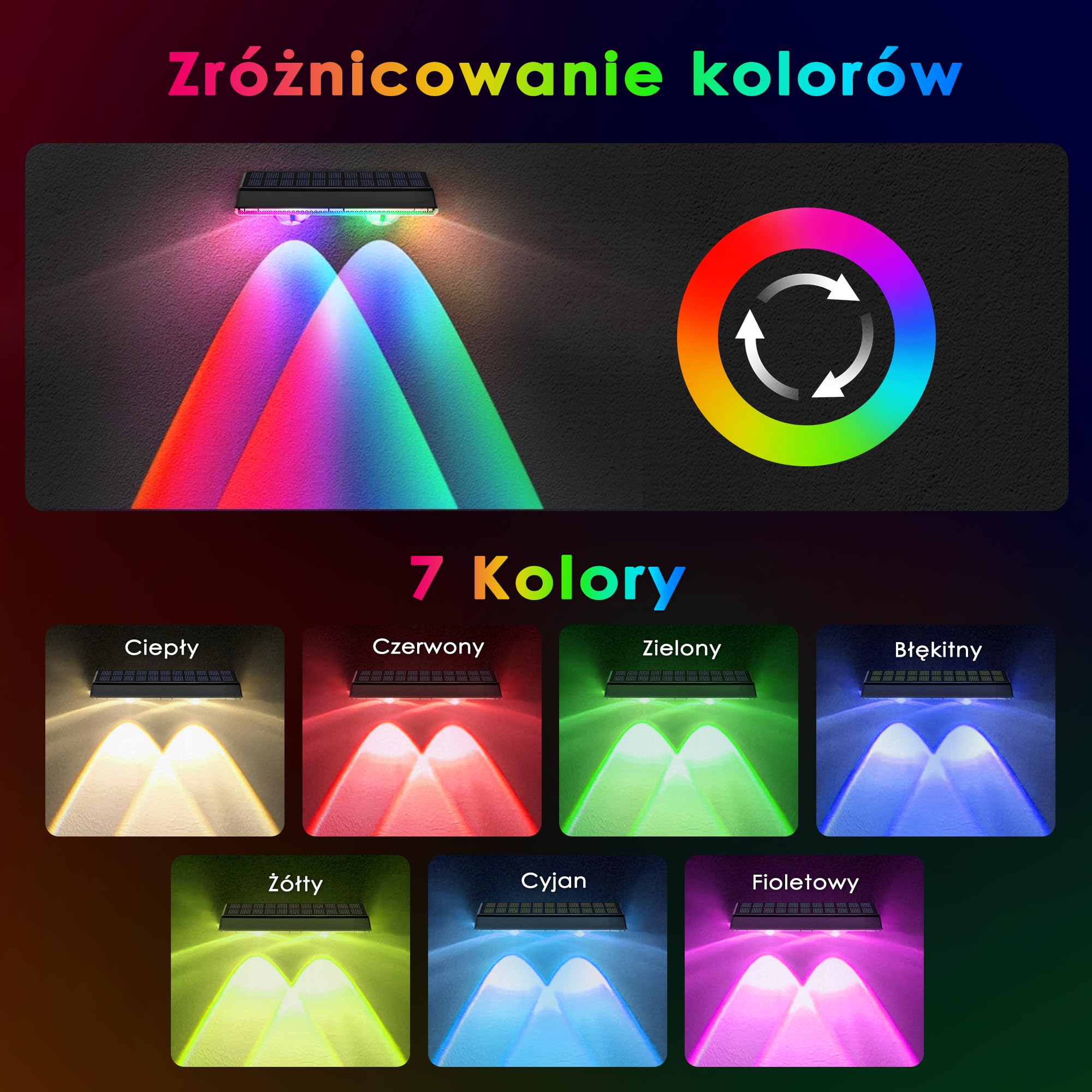Zewnętrzny kinkiet solarny Delaiglow, solarne lampy zewnętrzne RGB, wodoodporne oświetlenie słoneczne ogrodzenia IP67, 7-kolorowy bezprzewodowy lampa ścienna zewnętrzna, 8 zestawy RGB