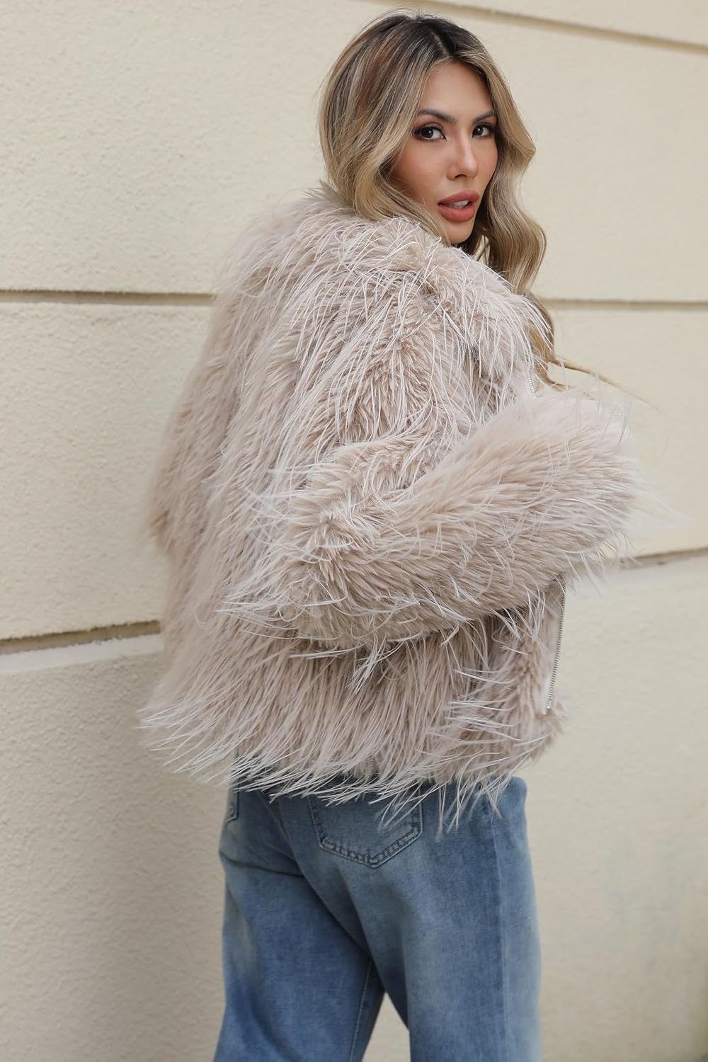 RISISSIDA Women Trendy Shaggy Faux Fur Jacket, Long Sleeve Cropped Style, Short Fleece Plush Winter Fall Outerwear,Beige,Small size - Image 3