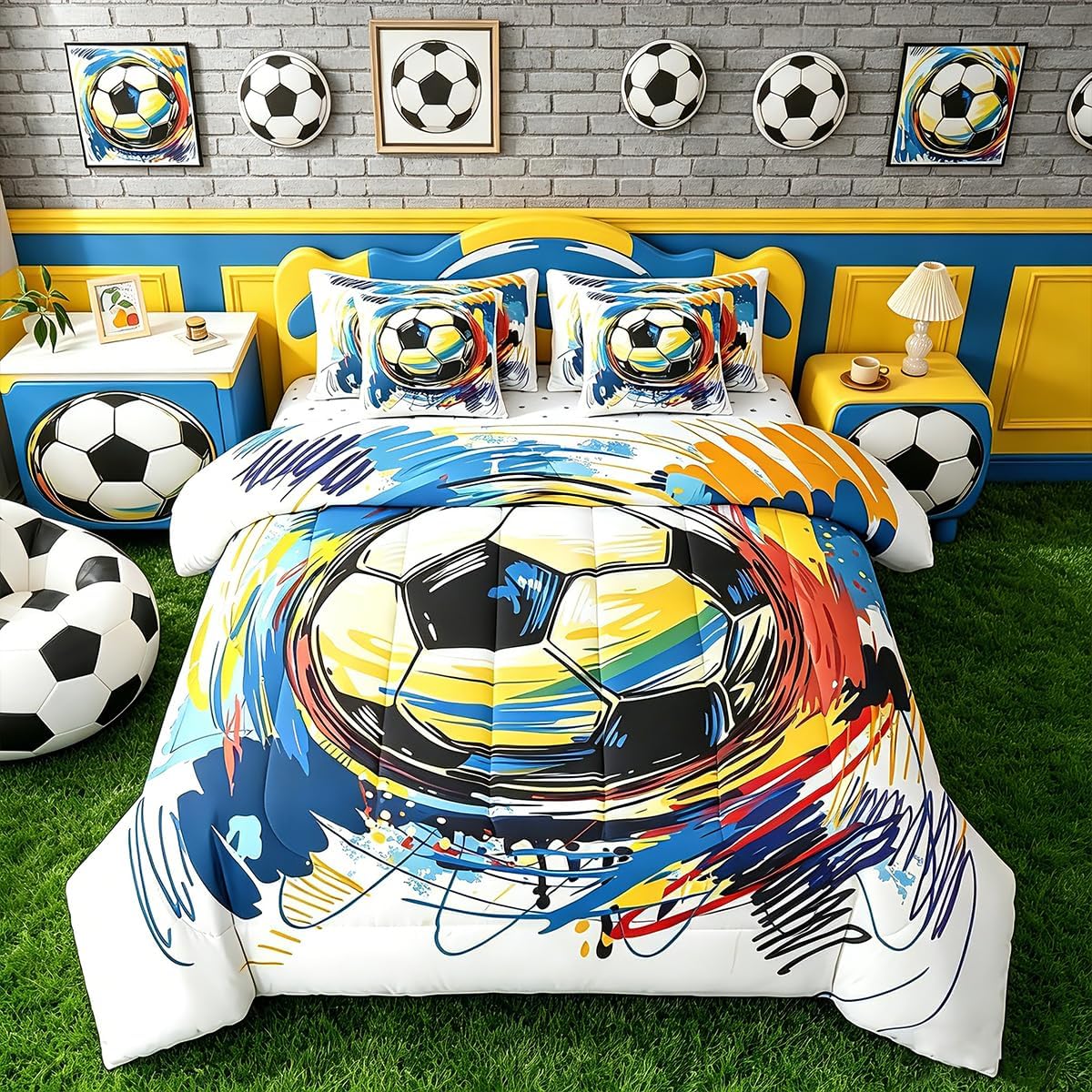 Feelyou Football Sport 7 Piece Bedding Set Twin Size Soccer Theme for Kids Boys Comforter Set with Sheets Portugal Football Teens Bed in a Bag Red Green Bed Set