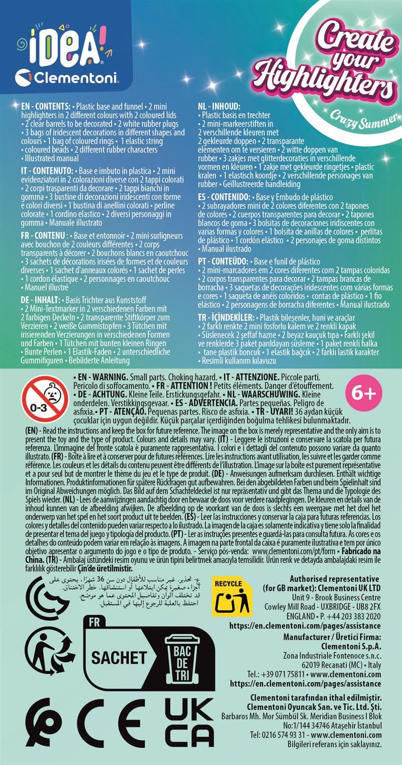 Clementoni Idea - Create Your Highlighters: Crazy Summer, Laboratorium spersonalizowanych zakreślaczy, kreatywny zestaw dla dzieci w wieku 6 lat, z 3 spersonalizowanymi markerami z akcesoriami, 18130