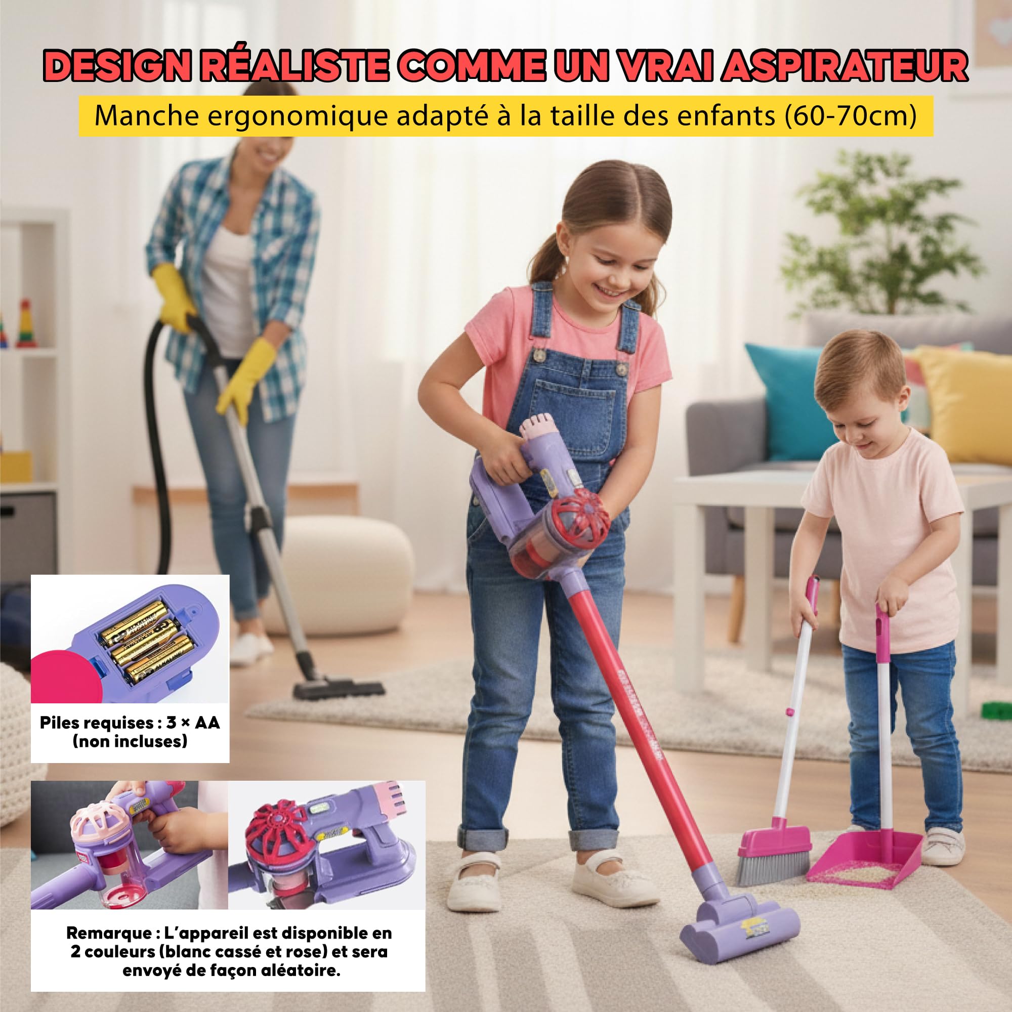 Aspirateur Enfant Jouet Fonctionnel - Jouet Mixte 2 Ans Balai Jeux éducatif - Cadeau Enfant 3 Ans garçon Fille Rose - Aspire Vraiment - Piles Non incluses 2×AA