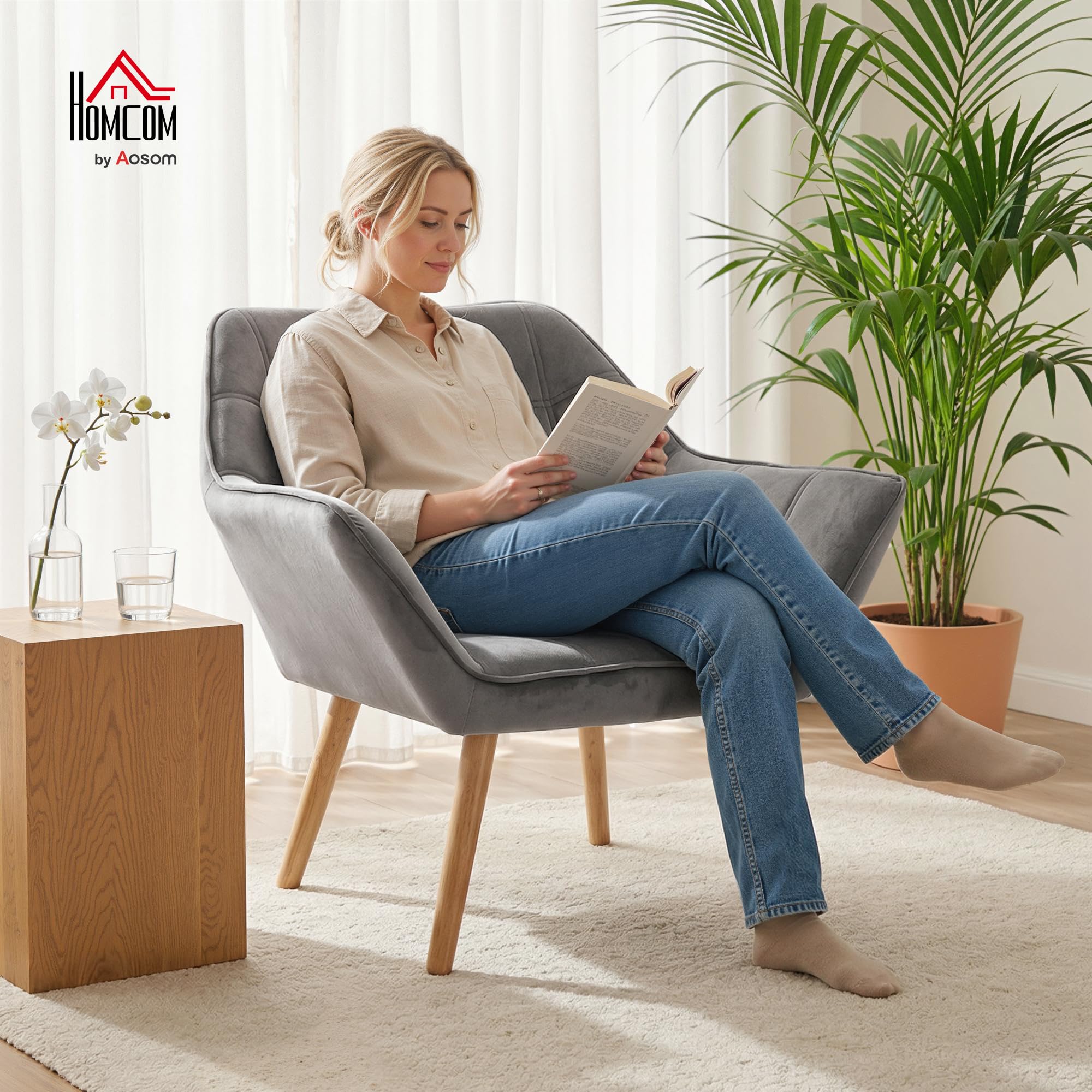 HOMCOM Butaca de Salón Moderna, Sillón Lectura Tapizado en Terciopelo con Patas de Madera, Fácil Montaje, Sillón Relax para Sala de Estar, Dormitorio y Balcón, Gris