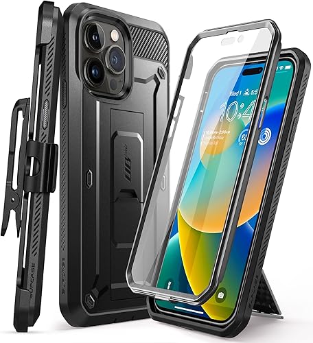 SUPCASE Unicorn Beetle Pro - Funda para iPhone 14 Pro de 6.1 pulgadas, con protector de pantalla integrado, soporte y clip para cinturón (negro)