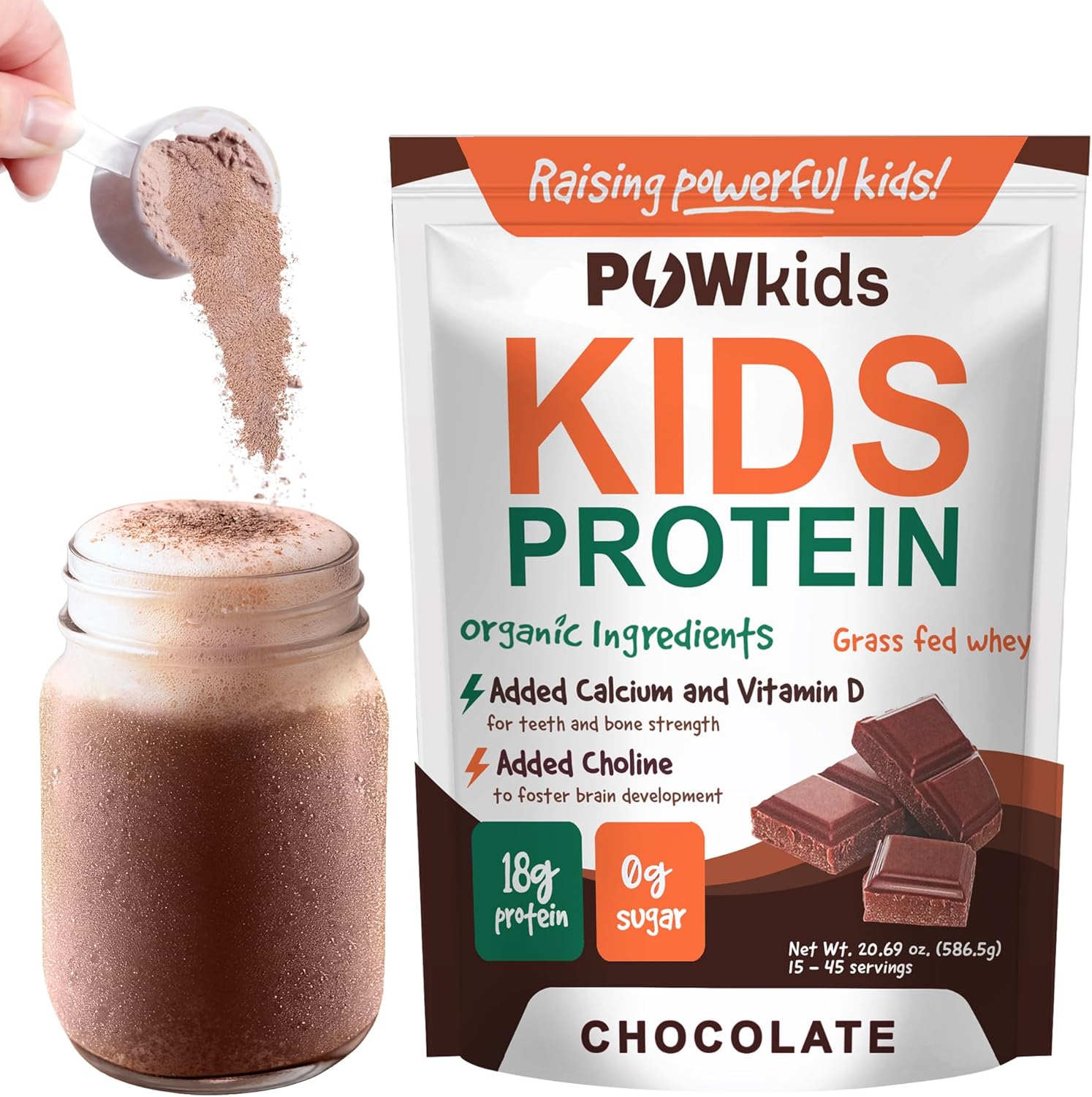 Kids Protein Shake Powder 18g – Zero Sugar, Organic Ingredients, Grass-Fed Whey Proteins – Calcium & Choline for Bone Strength & Brain Development, Protein Shake, 15-45 Servings – Chocolate