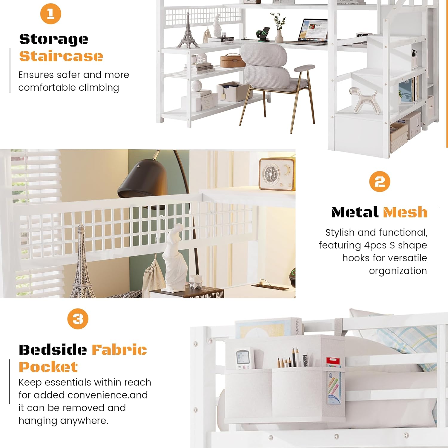 Full Size Loft Bed with Stairs and Desk,Metal Gaming LoftBed with LED Lights,Charging Station, High Loft Beds Frame Full with Storage Shelves,Wardrobe for Teens, Adults, White