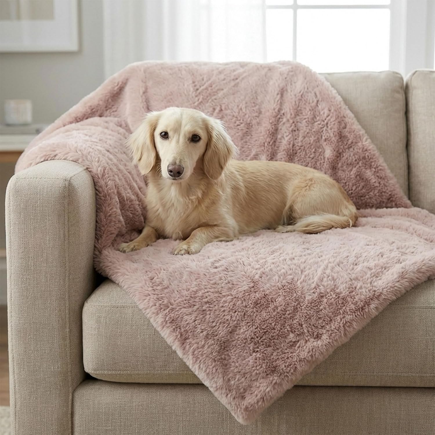 4 Cats & Dogs Pet Faux Fur Throw Blanket – Ultra Soft, Waterproof, Leakproof, Washable, Large (50"x60") Plush Pet Blanket for Couch, Bed, Sofa Protection – Luxurious, Cozy & Durable - Blush