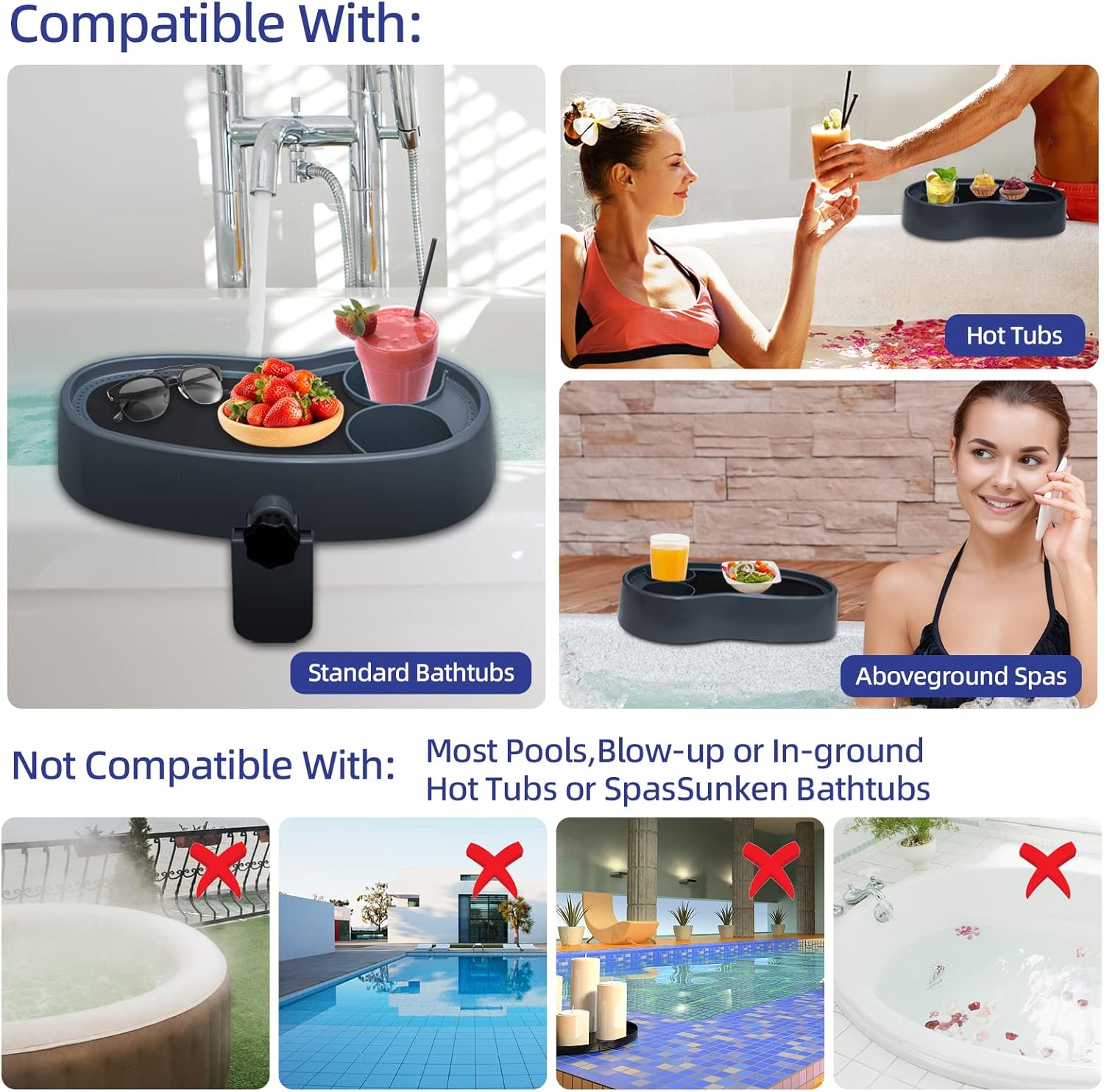 Adjustable Hot Tub Tray with 2 Cup Holders, Stable, Heavy-Duty, Nonslip Drink Holder for Aboveground Bathtub, Spa with Wall Thickness Of 2'' to 7.5''