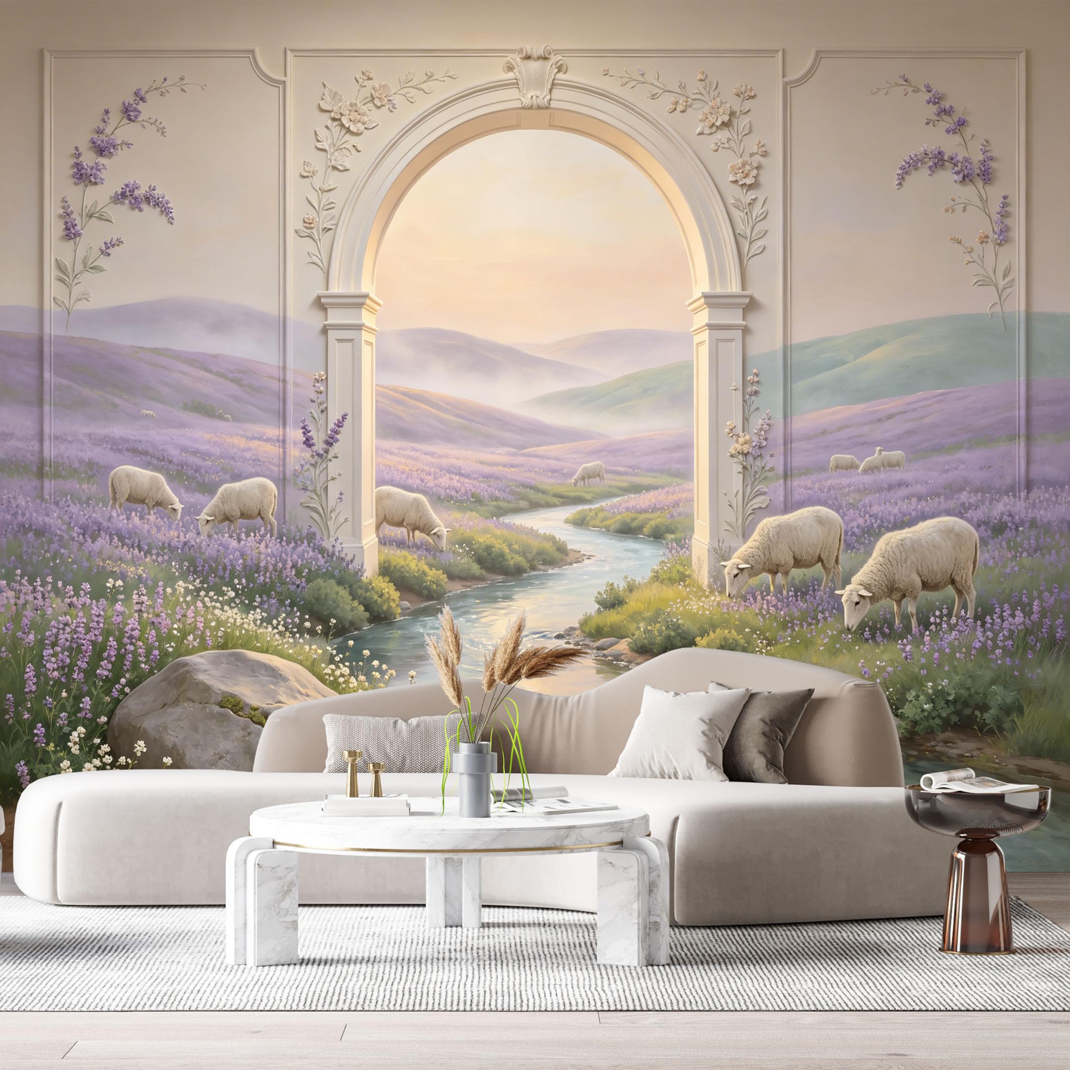 Custom Size Wall Murals Lavender Meadow Sheep River Archway Oil Painting 3D Trompe L'Oeil SelfAdhesiveWall Fabric Removable Wallpaper Wall Decor for Living Room Bedroom Bathroom