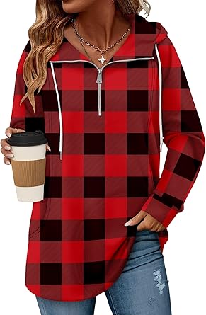 onlypuff Women Hoodie Pullover Trendy Quarter Zipper Lapel Sweatshirts Drawstring Cute Hooded Tunic Tops with Side Pockets