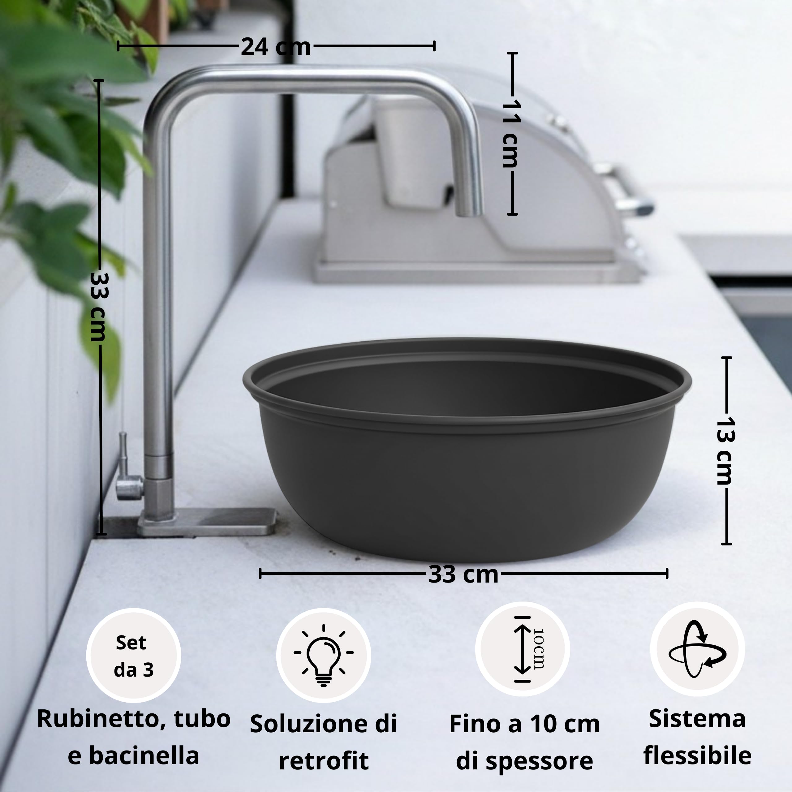 Set da cucina all'aperto Livlig, rubinetto in acciaio inox di alta qualità, tubo dell'acqua potabile e bacinella di lavaggio in metallo, lavandino mobile per giardino, campeggio e cucina all'aperto in