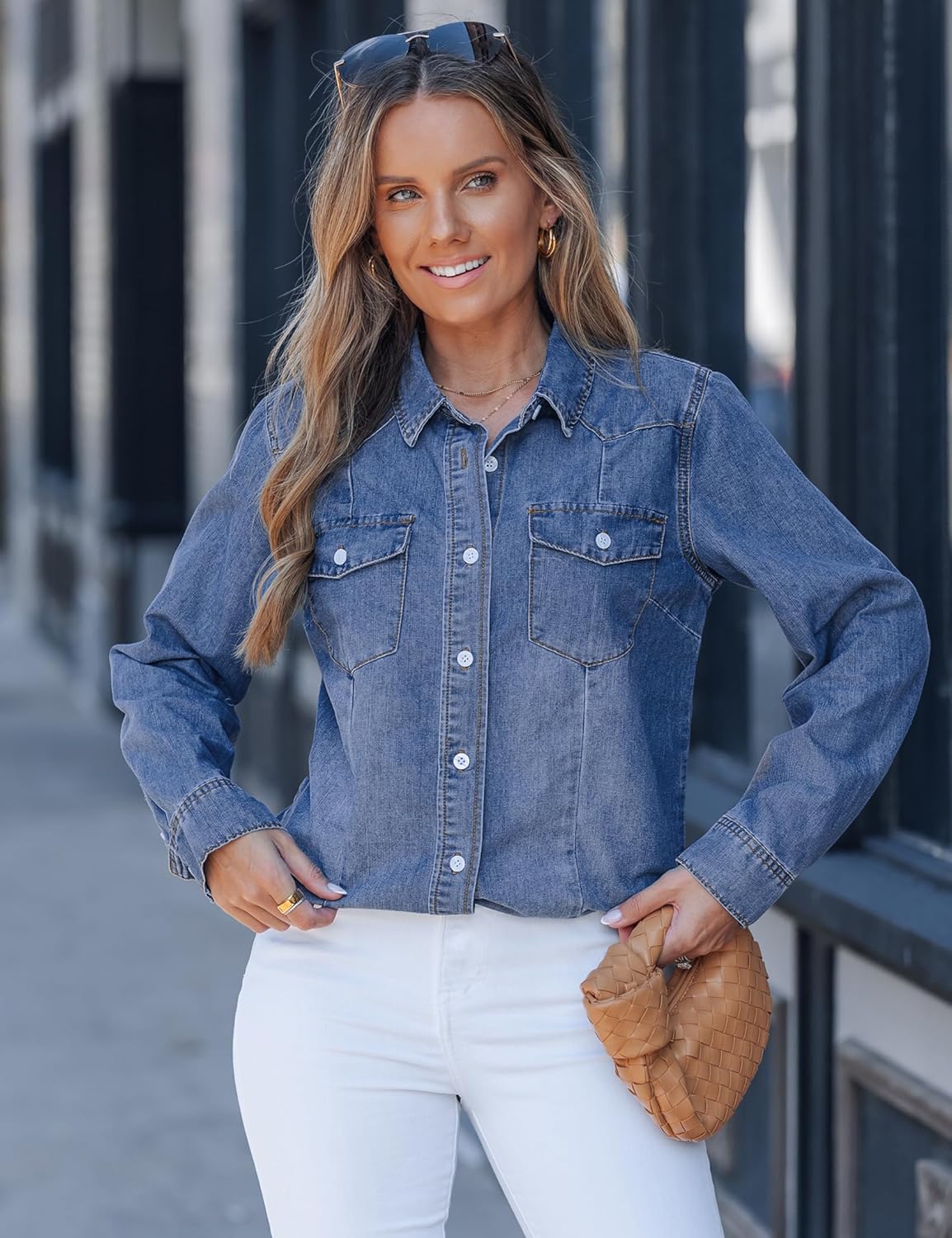luvamia Denim Shirts for Women Long Sleeve Button Down Chambray Relaxed Fit Western Jean Shirts Casual Collared Jean Top
