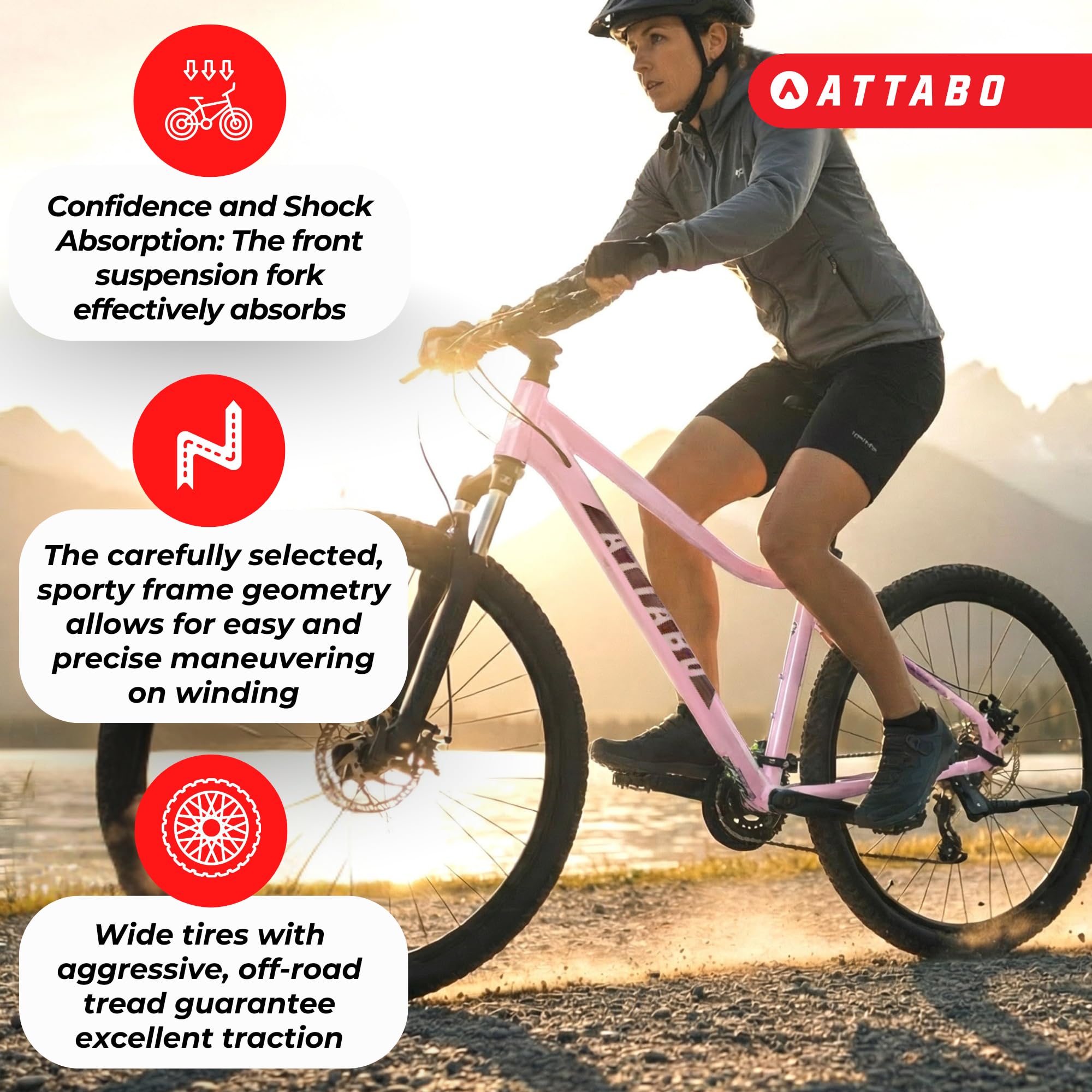 ATTABO Alpe 2.0 – damski rower górski z aluminiową ramą, widelec SR Suntour XCE, napęd Shimano 3 x 8 (24 biegi), hamulce tarczowe TEKTRO, z akcesoriami (klucze, dzwonek, reflektory)