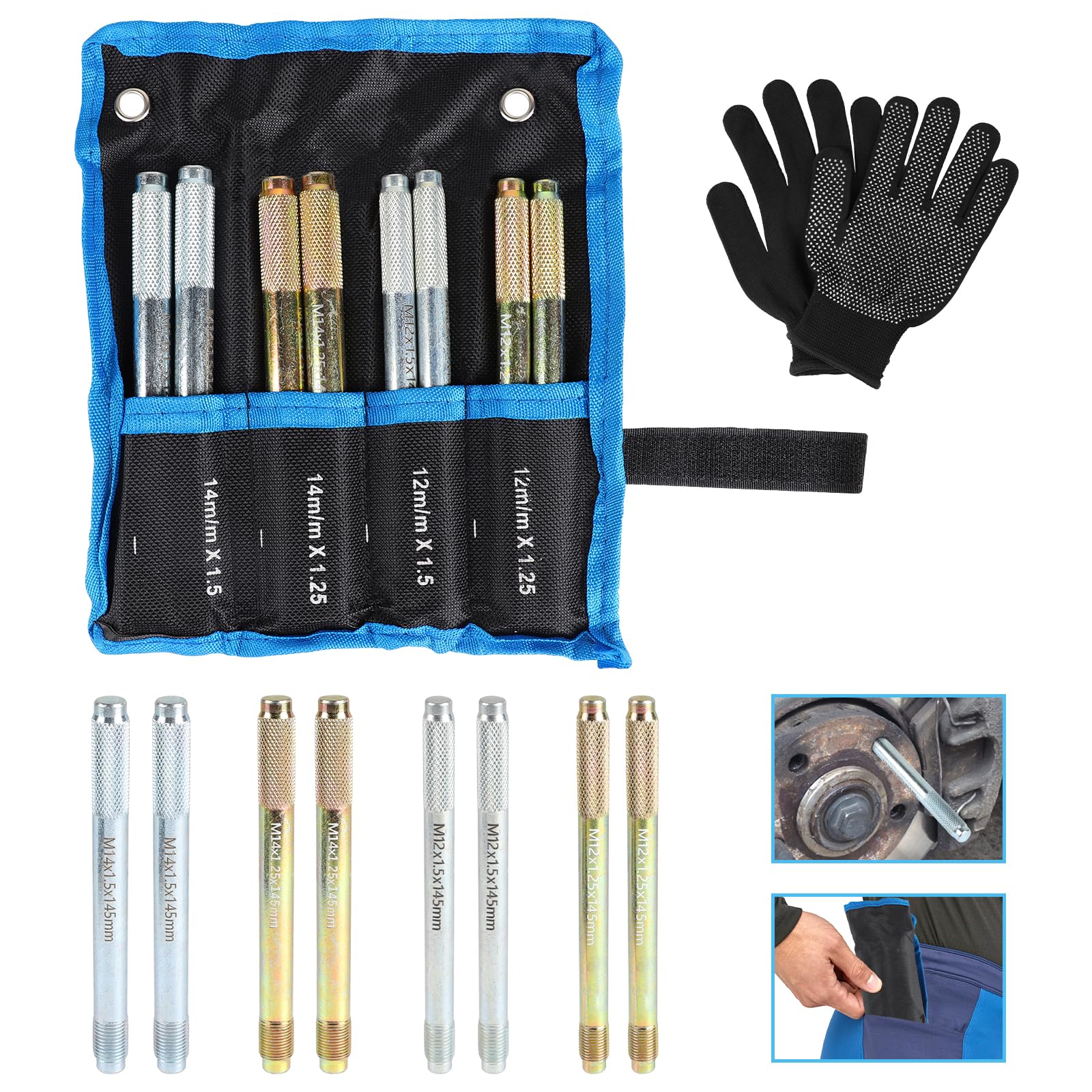 EXLECO 8 STK Radmontagehilfe Fixierbolzen M12 x 1.25, M12 x 1.5, M14 x 1.25, M14 x 1.5 KFZ Werkzeug Set Rad Montagehilfe Reifenmontage Werkzeug Auto Edelstahl Radausrichtungsstift PKW Montage Hilfe