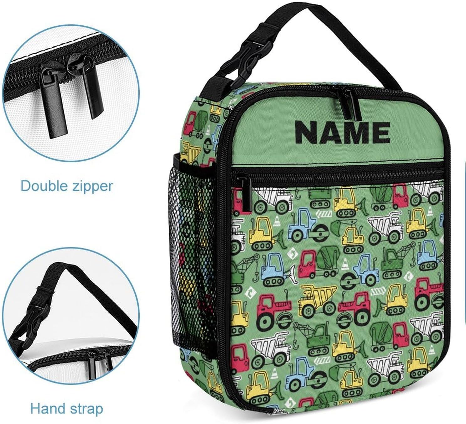 Custom Kid Backpack with Lunch Bag Add Name Personalized Green Cartoon Car 2 Set Children School Bag Customized Bookbag for Boys Girls Student