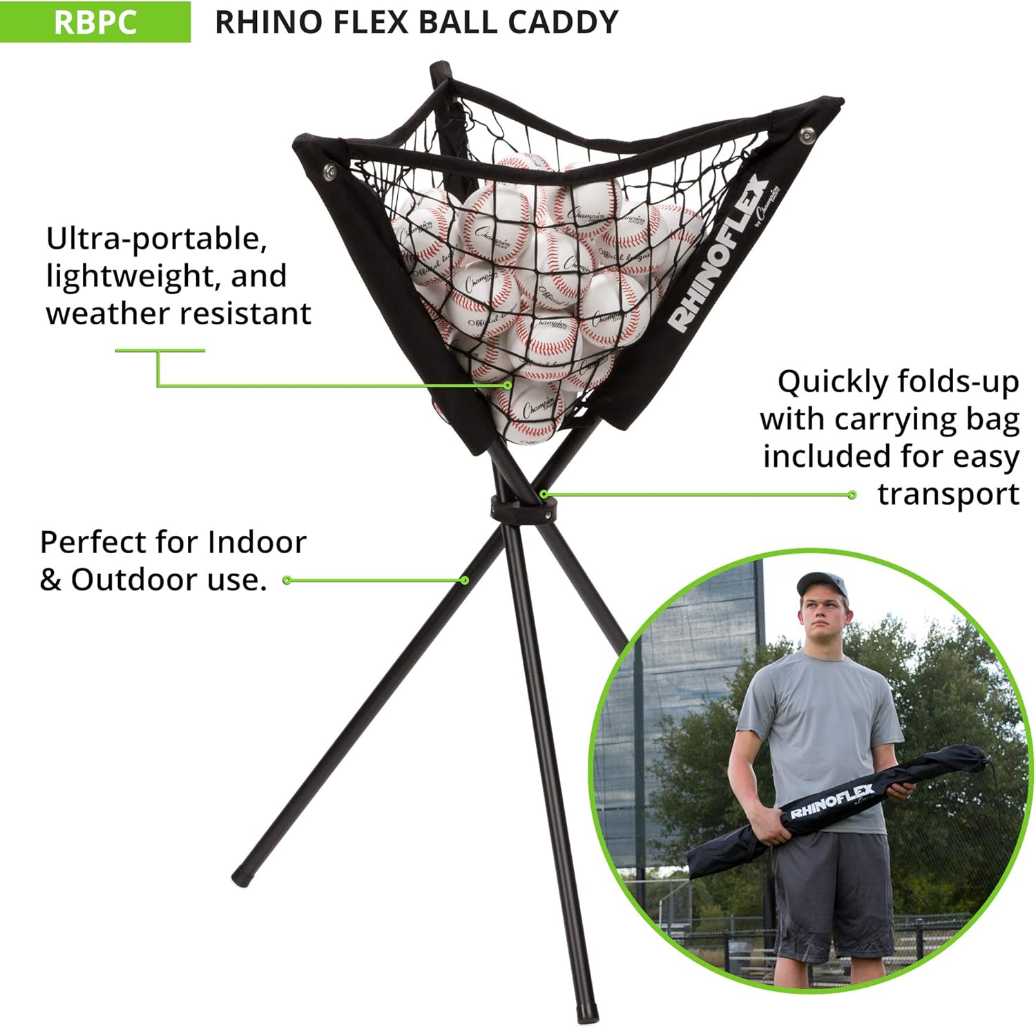 Champion Sports Rhino® Flex Ball Caddy - Knotless Polyester Net with Iron Frame - Lightweight Portable Storage - Batting Practice Ball Caddy - Weather Resistant - Includes Carrying Bag