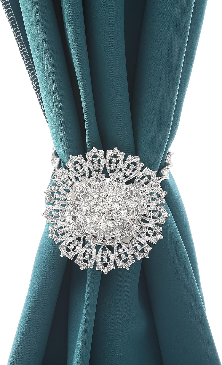 Magnetic Curtain Tiebacks Sparkling Flower Window Curtain Bind Holdback Buckles Clips Tie Backs Drapery Holders with Stretchable Spring Wire Rope for Decoration- FWF002, Silver - 2 Pack