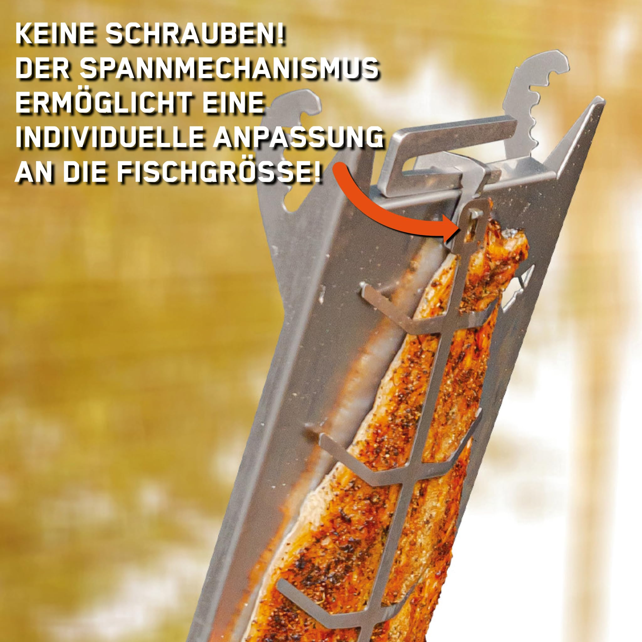 FENNEK Edelstahl Flammlachshalter für Feuerschalen & Kugelgrills | mit speziellem Spannmechanismus- Keine Schrauben nötig | 180° drehbar | Perfekte Alternative zum Flammlachsbrett | Made in Germany