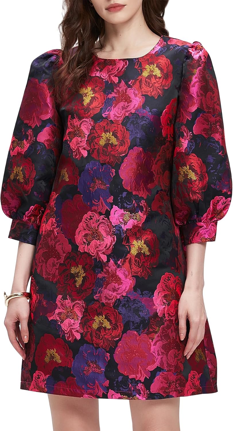 Kedera Women's Jacquard Dress Long Puff Sleeves Shift Mini Elegant Floral Dress Summer Business