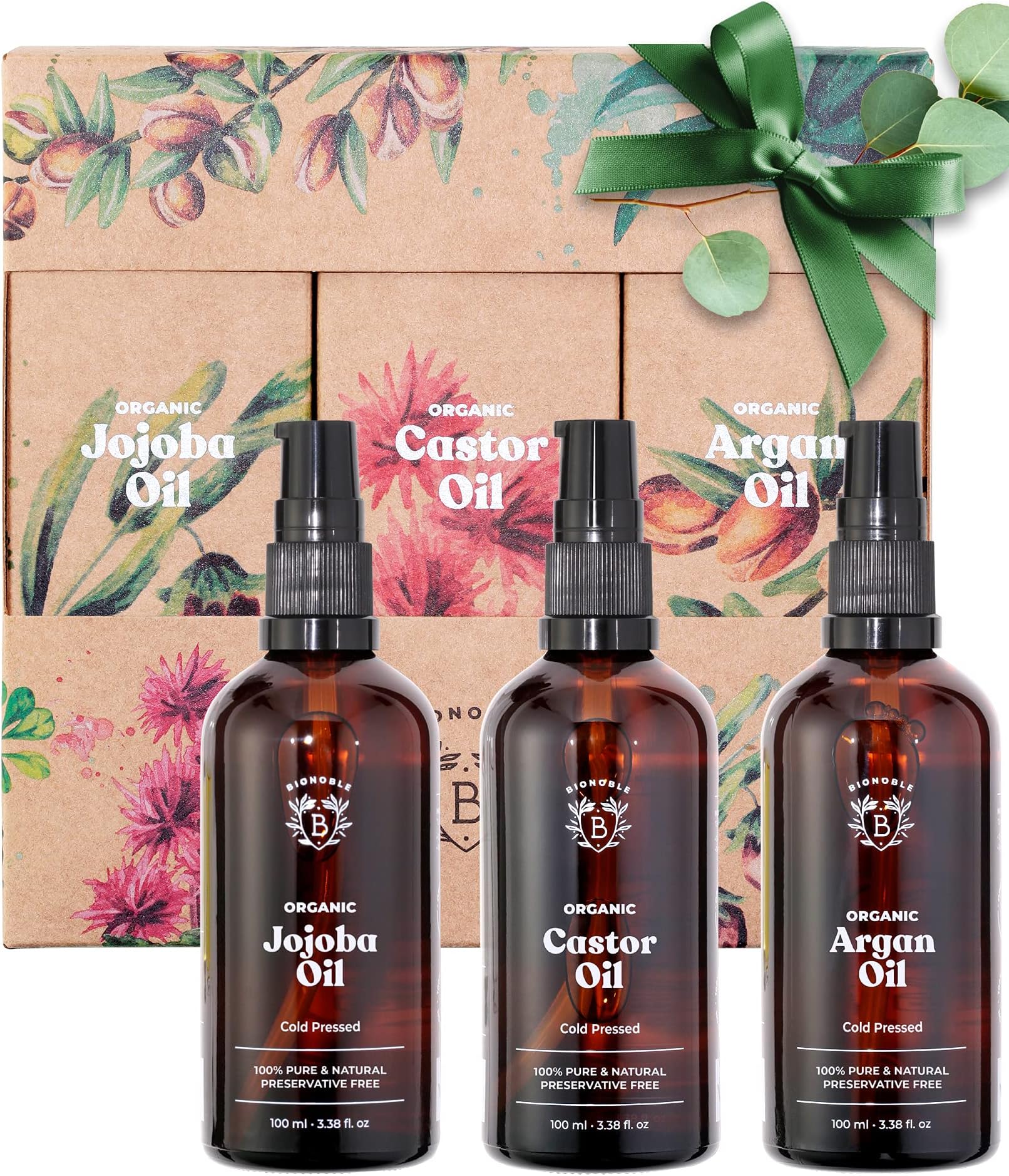 BIONOBLEWellness Set for Women 3 x 100 ml - Organic Castor Oil, Argan Oil, Jojoba Oil - The : Organic Products in Aesthetic Cardboard Packaging - Beauty Set Face, Body, Hair