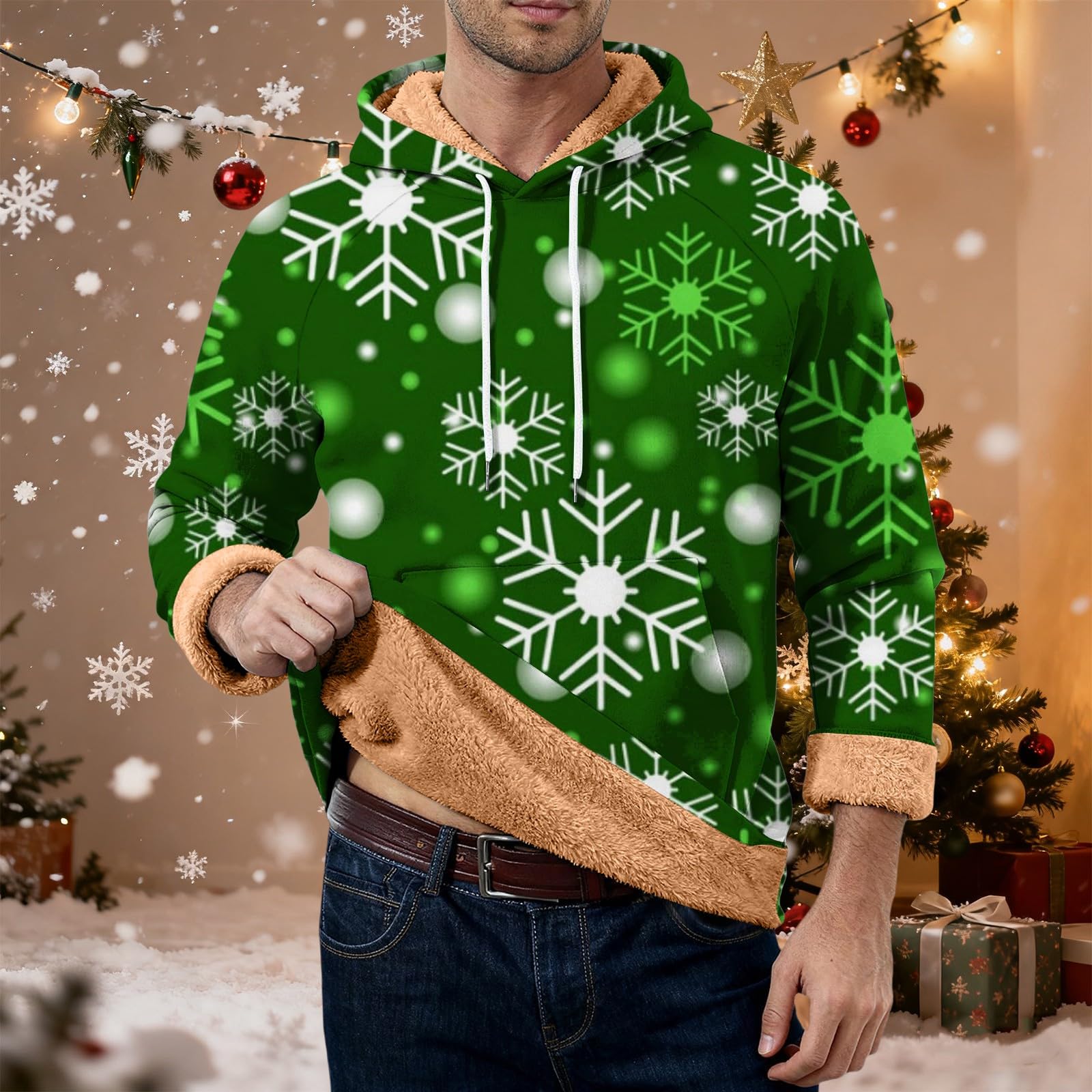 Sudadera de Navidad con forro polar para hombre, divertido, con copo de nieve, sudadera de manga larga de gran tamaño, cálido, jersey, novedad, traje de Navidad de moda, ropa de vacaciones con