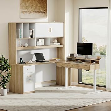 ModernMate Executive Office Desk with Hutch, Built in Charging Station