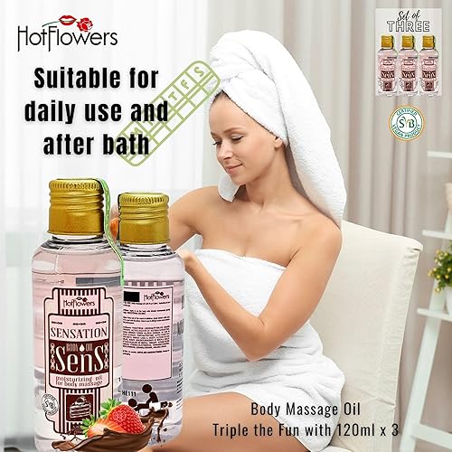 Miniatura 3 de HOT FLOWERS Aceite de masaje sensual corporal Sens para parejas  Hidratante multiusos  Aroma de fresa y chocolate besable  Base de aceite de coco