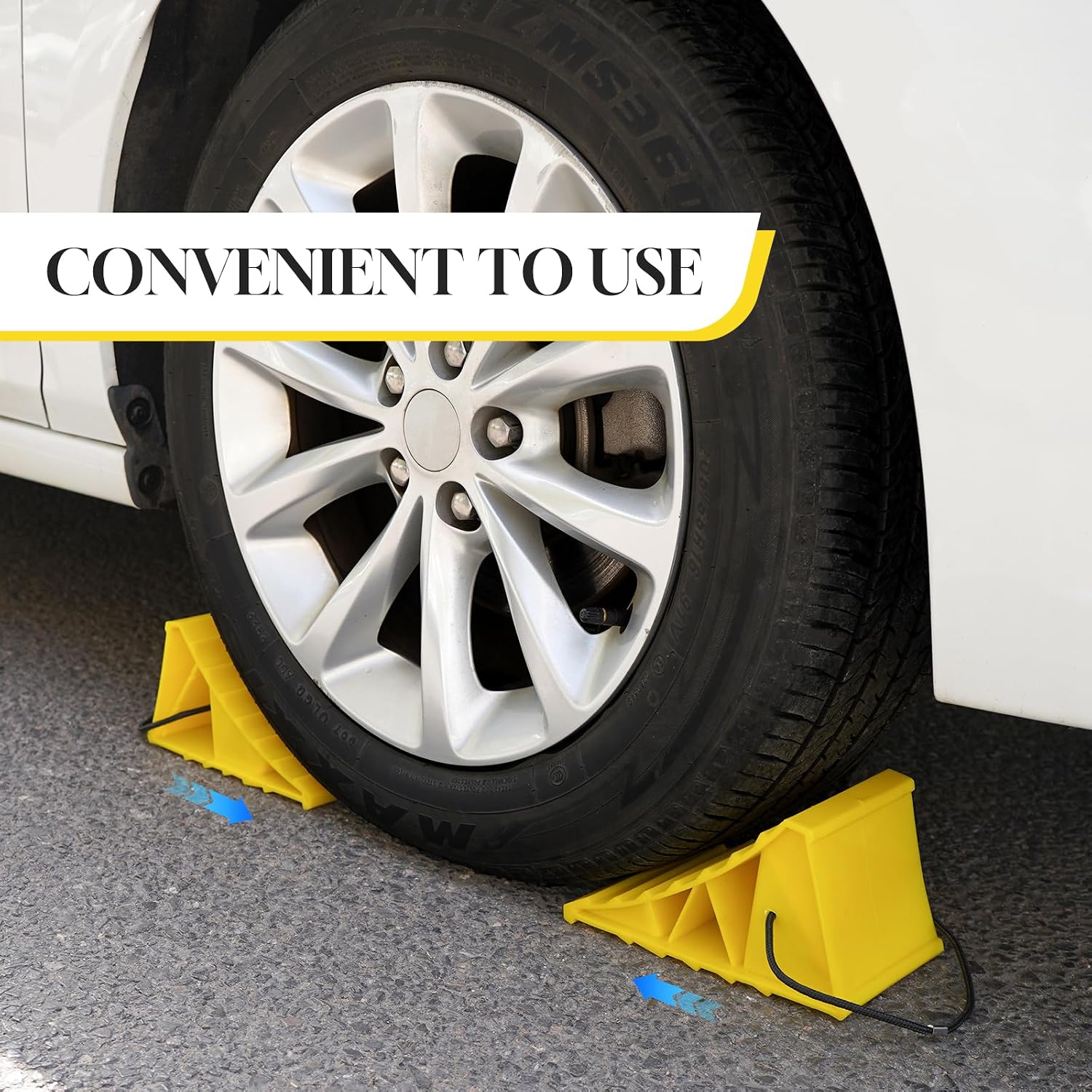Wheel Chocks with Rope, Heavy Duty Non-Slip Tire Chocks for Trailer Camper Truck Car, Bright Yellow Lightweight Wheel Blocks Fit Tires Up to 26", 4 Pack