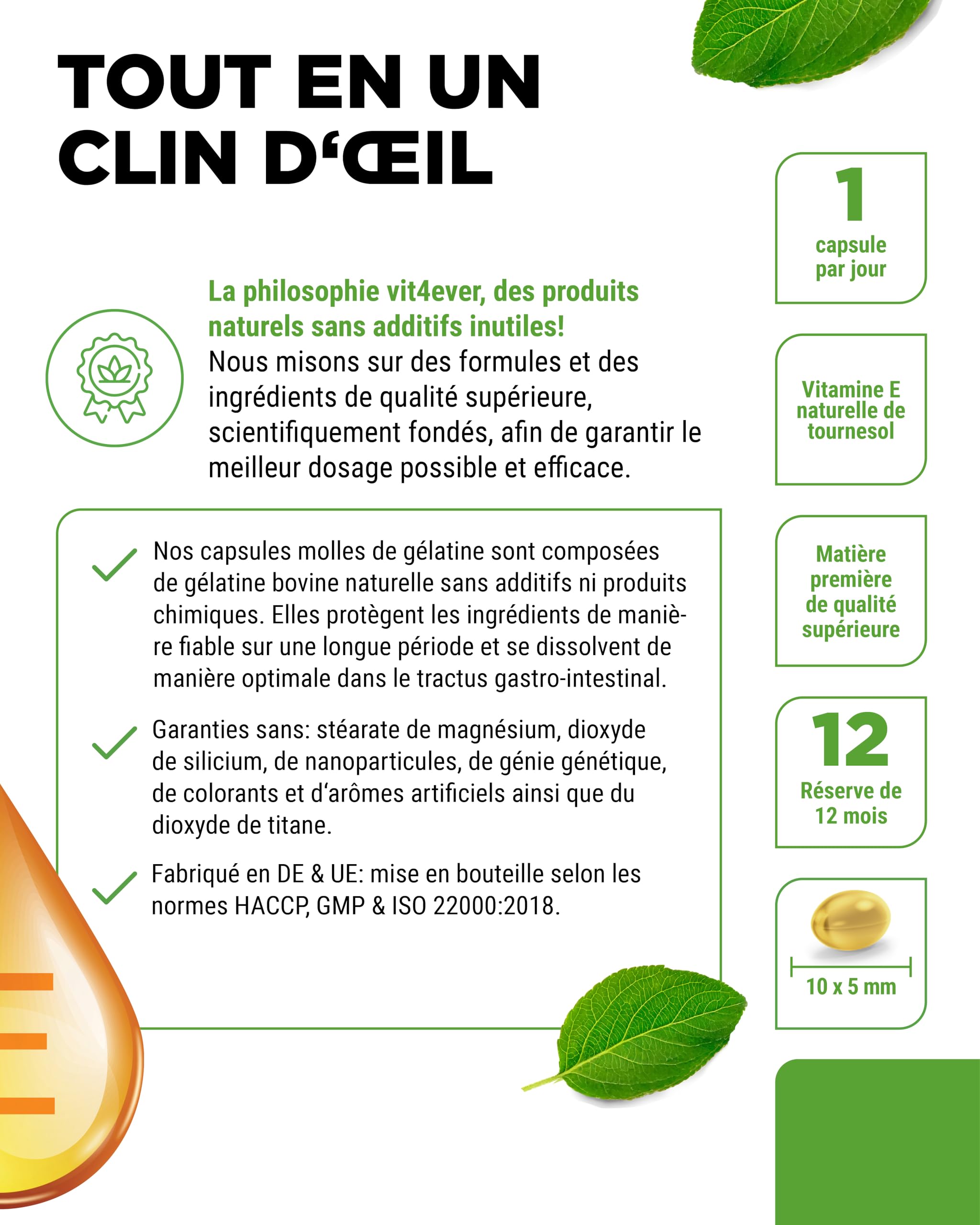 Vitamine E 400 U.I. naturelle - 365 capsules softgel - Premium : vitamine E naturelle de tournesol - 12 mois d'approvisionnement - fortement dosé