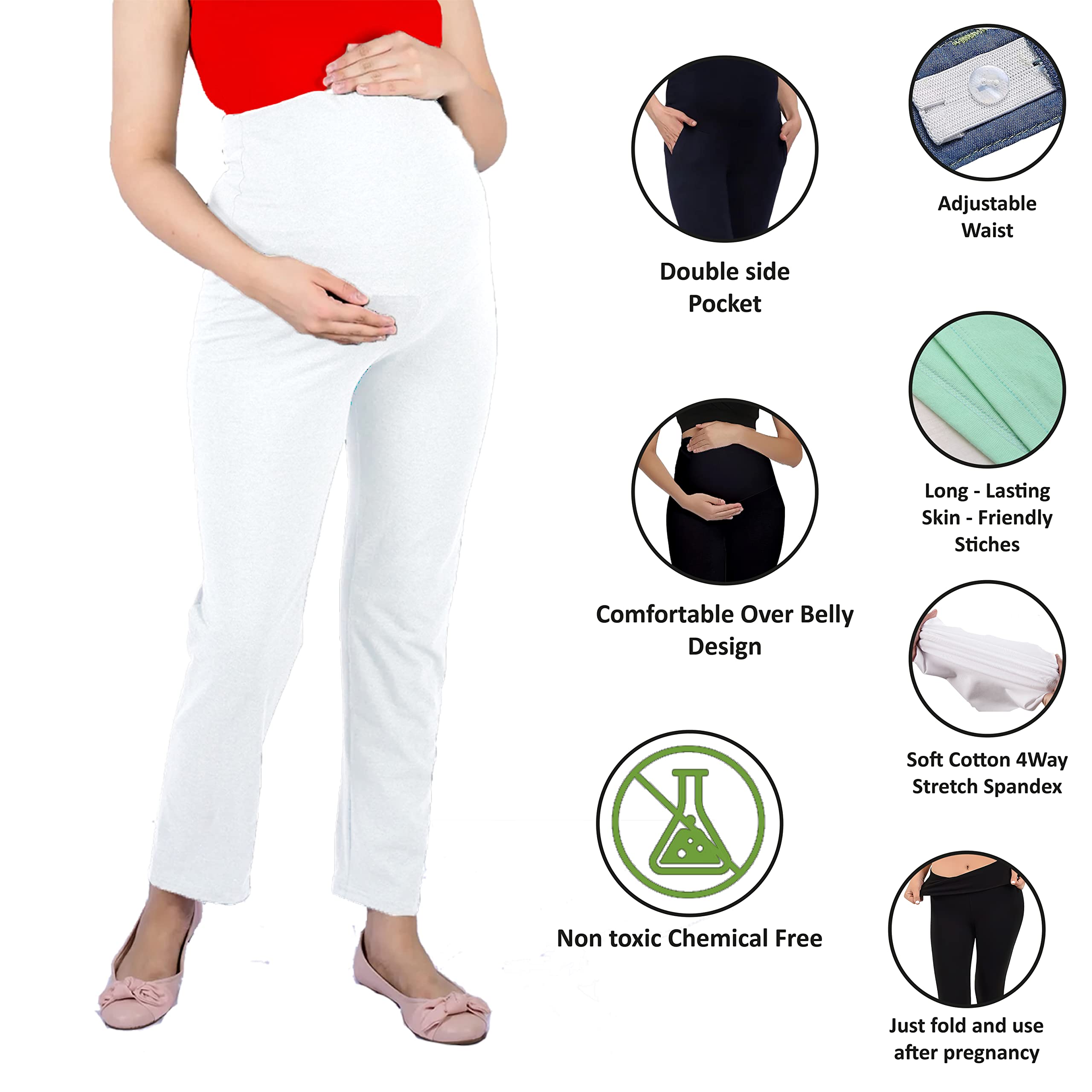 LENAM Women Soft Cotton Lycra Stretchable Maternity Mid Rise Pants With Double Pockets And Full Belly Coverage (3Xl, White) 1