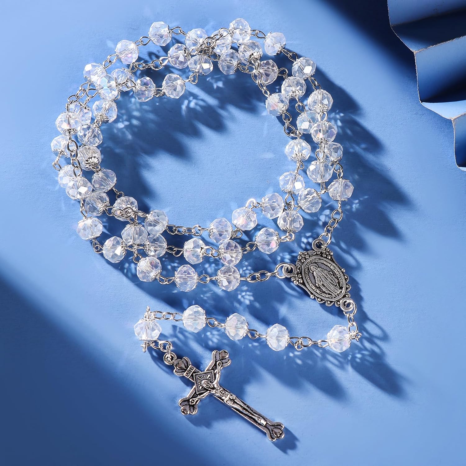 Rnivida Catholic Crystal Beads Rosary with Miraculous Medal, Crucifix Rosaries Communion Rosary for Women - Image 2