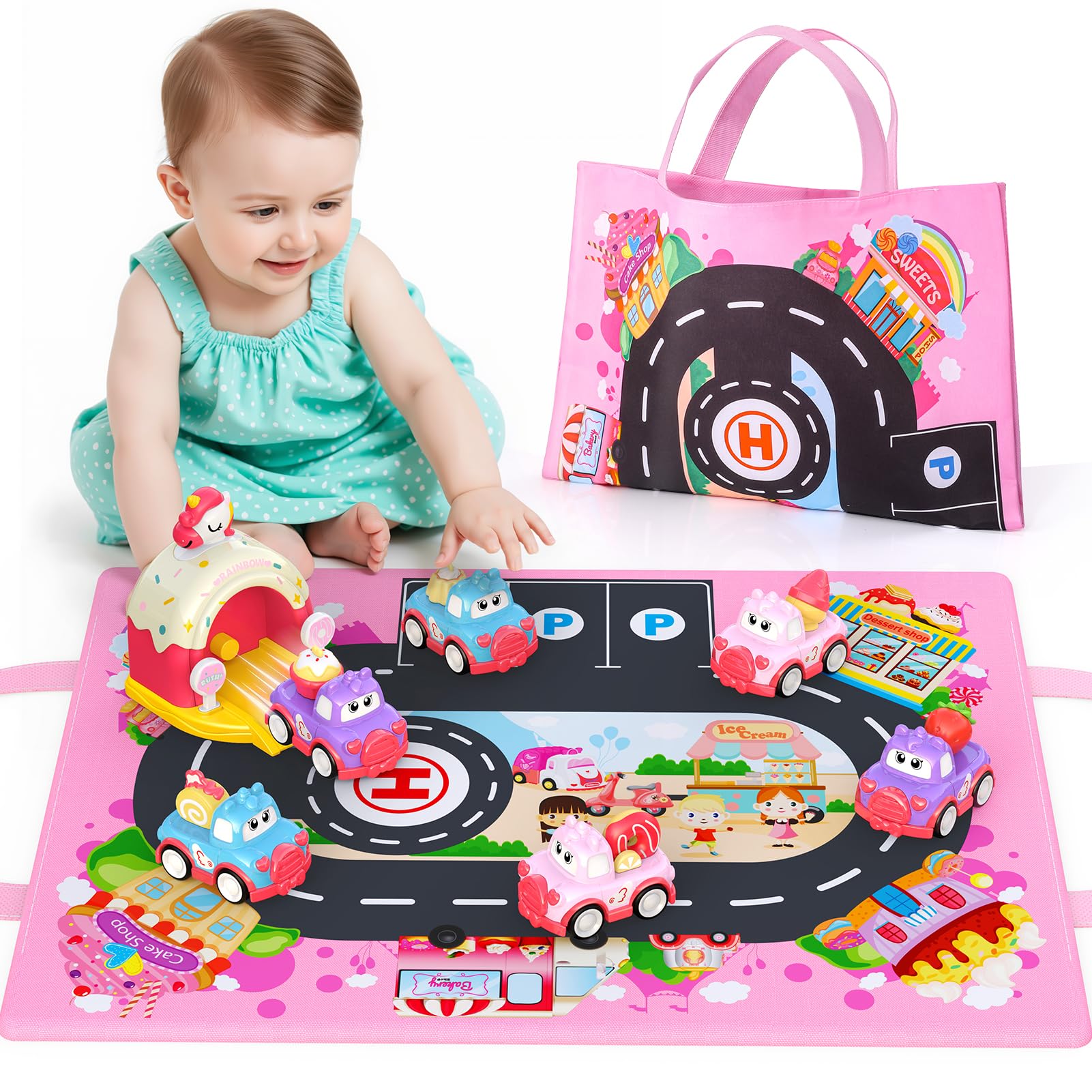 Geebiiny Macchinine per Bambini con Tappetino da Gioco e Portaoggetti 2 in 1 - Giochi Bambini 1 2 3 Anni, Unicorno Regalo Bambina 1 Anno, Gioco Montessori 1 2 Anni - Regali di Compleanno e Natale
