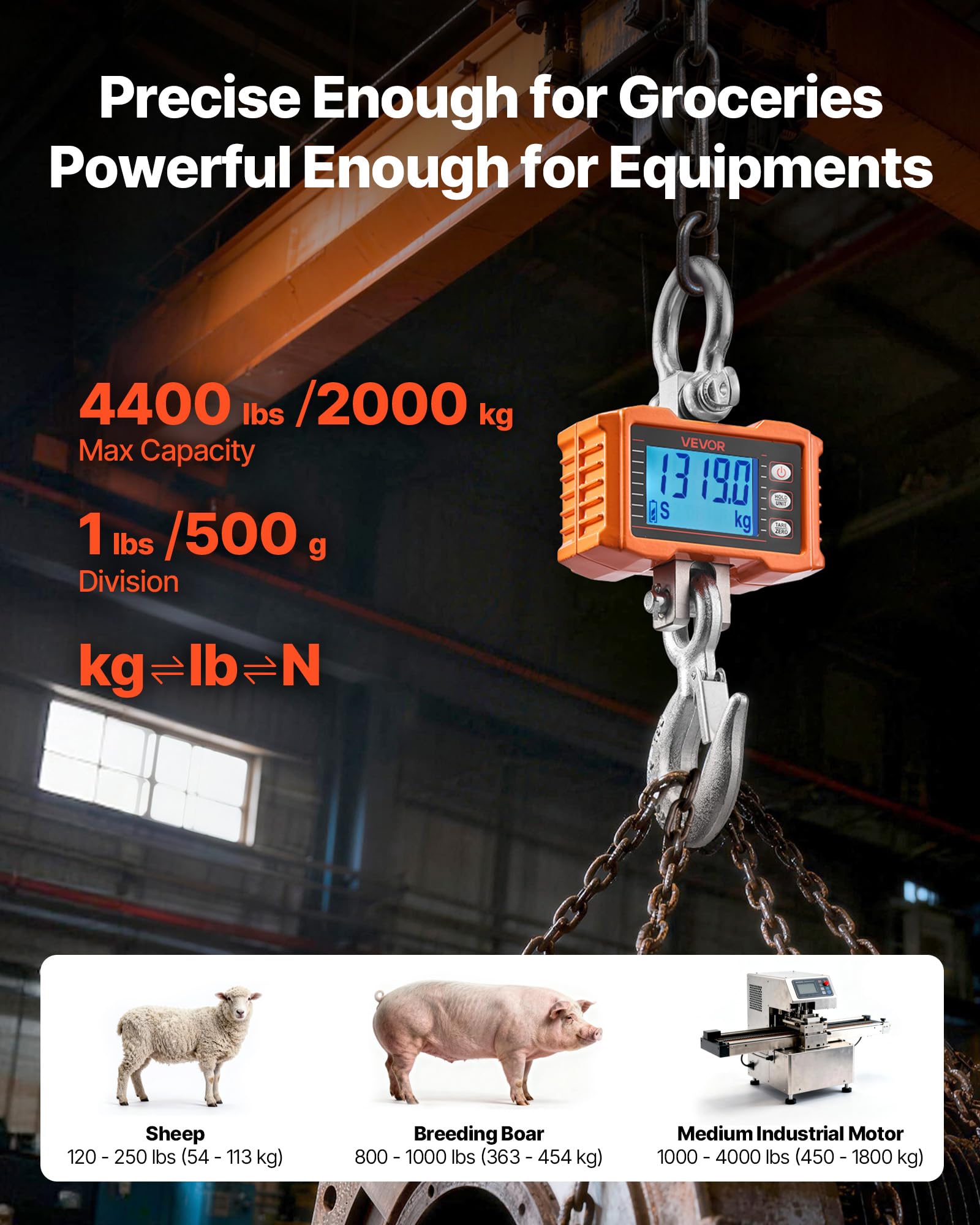 VEVOR Kranwaage 2000 kg, Digitale Hängewaage, Industriewaage mit Gehäuse aus Aluminiumguss & LCD-Display, 500-g-Teilung & 3-Stufiger Schalter, Fernbedienung, Hakenwaage für Garage & Fabrik