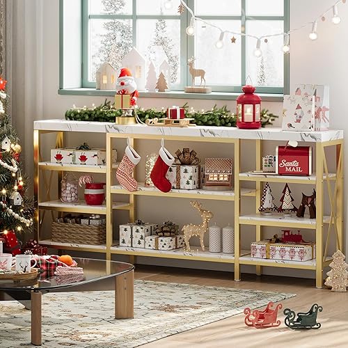 Mesa consola extra larga de 70 pulgadas, mesa de entrada moderna, mesa de sofá dorada con 9 niveles de almacenamiento para pasillo, entrada y sala