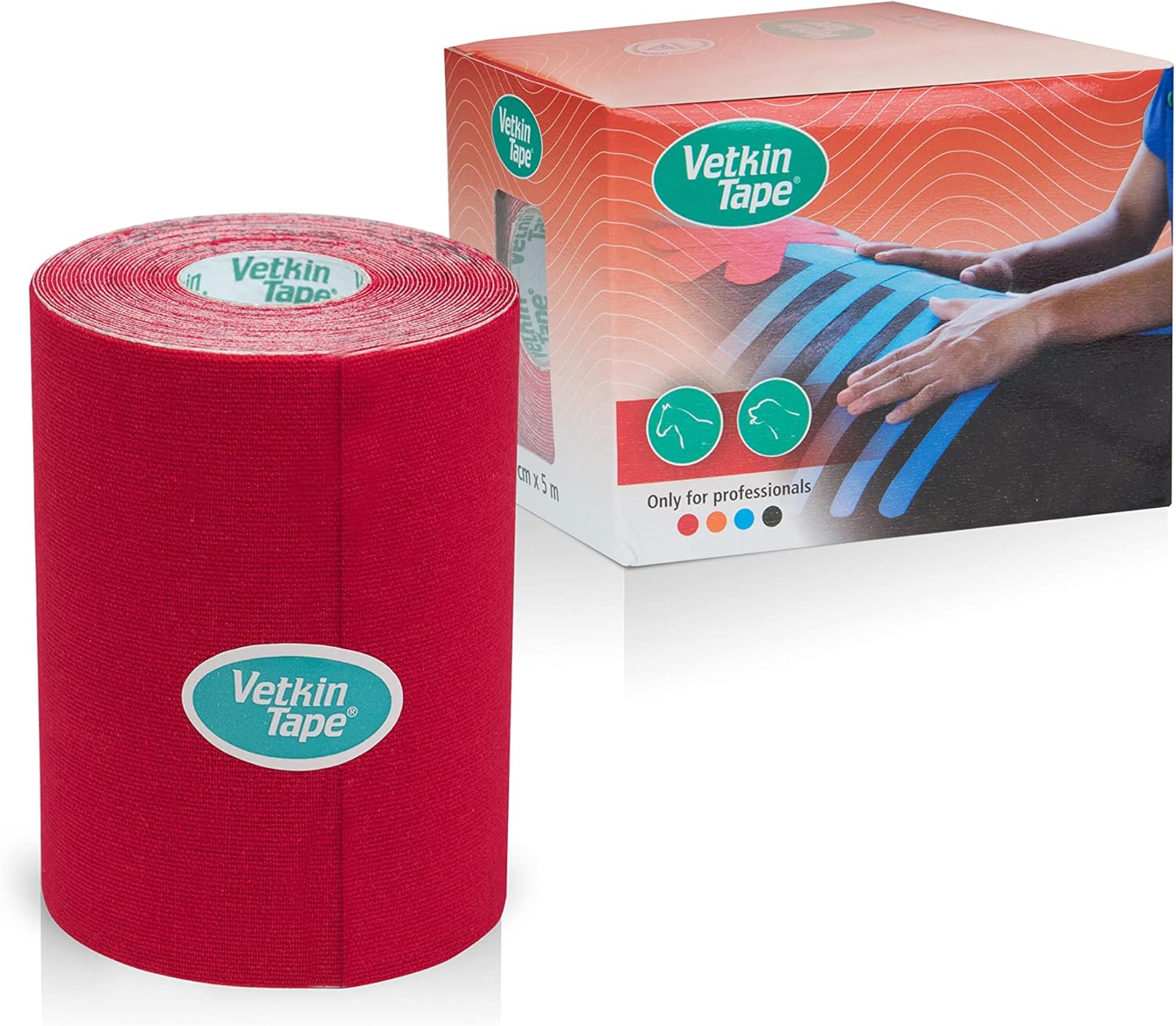 VetkinTape Displaybox | Equine & Canine Kinesiology Tape | Kinesiology Tape for Veterinary Purposes | 6 Uncut Rolls 3.9" X 16' | Available Colors: Black, Blue, Red, Orange (Red)