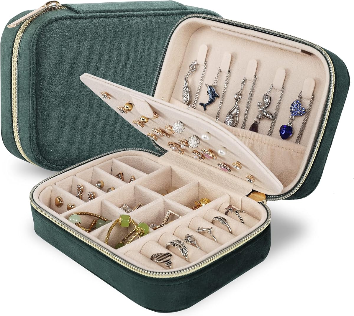 Dajasan Velvet Travel Jewelry Box, Mini Travel Jewelry Case, Small Portable Travel Jewelry Organizer for Women Girls (Green)