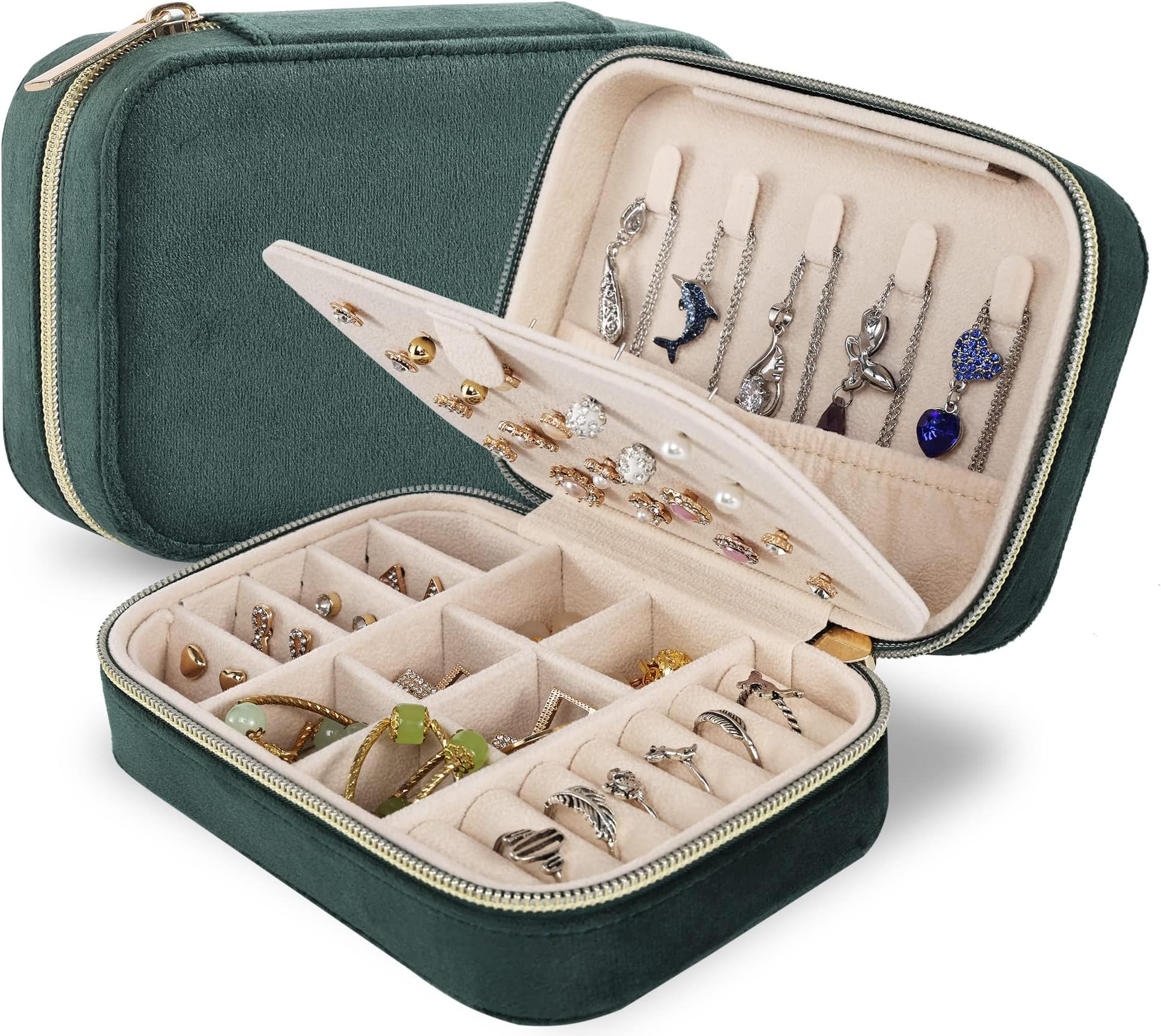 Dajasan Velvet Travel Jewelry Box, Mini Travel Jewelry Case, Small Portable Travel Jewelry Organizer for Women Girls (Green)