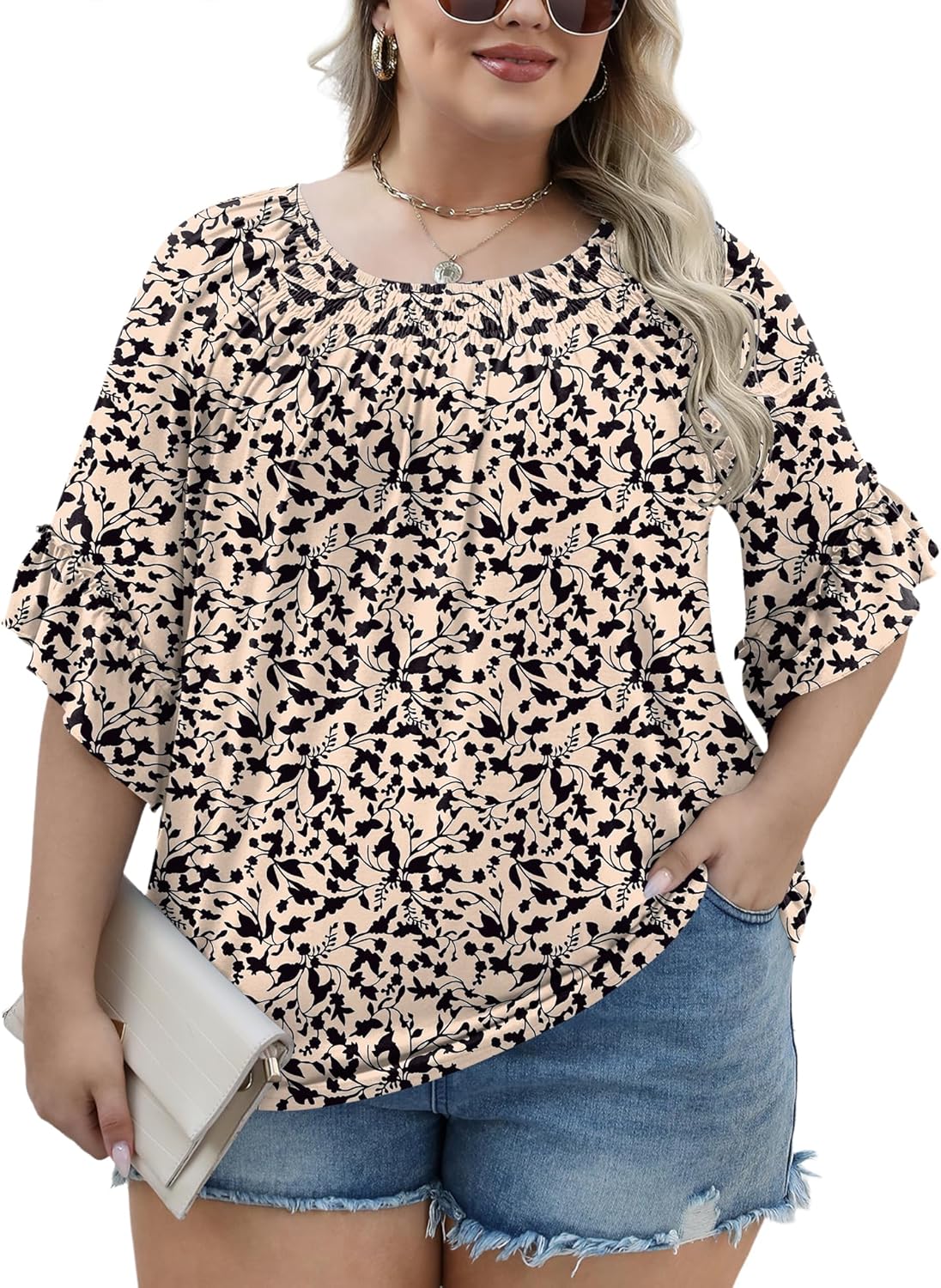 Micoson Womens Plus Size Tops 3/4 Ruffle Sleeve Shirts Crewneck Pleated Blouses Dressy Casual Fashion Tunic Top (1X-5X) - Image 4