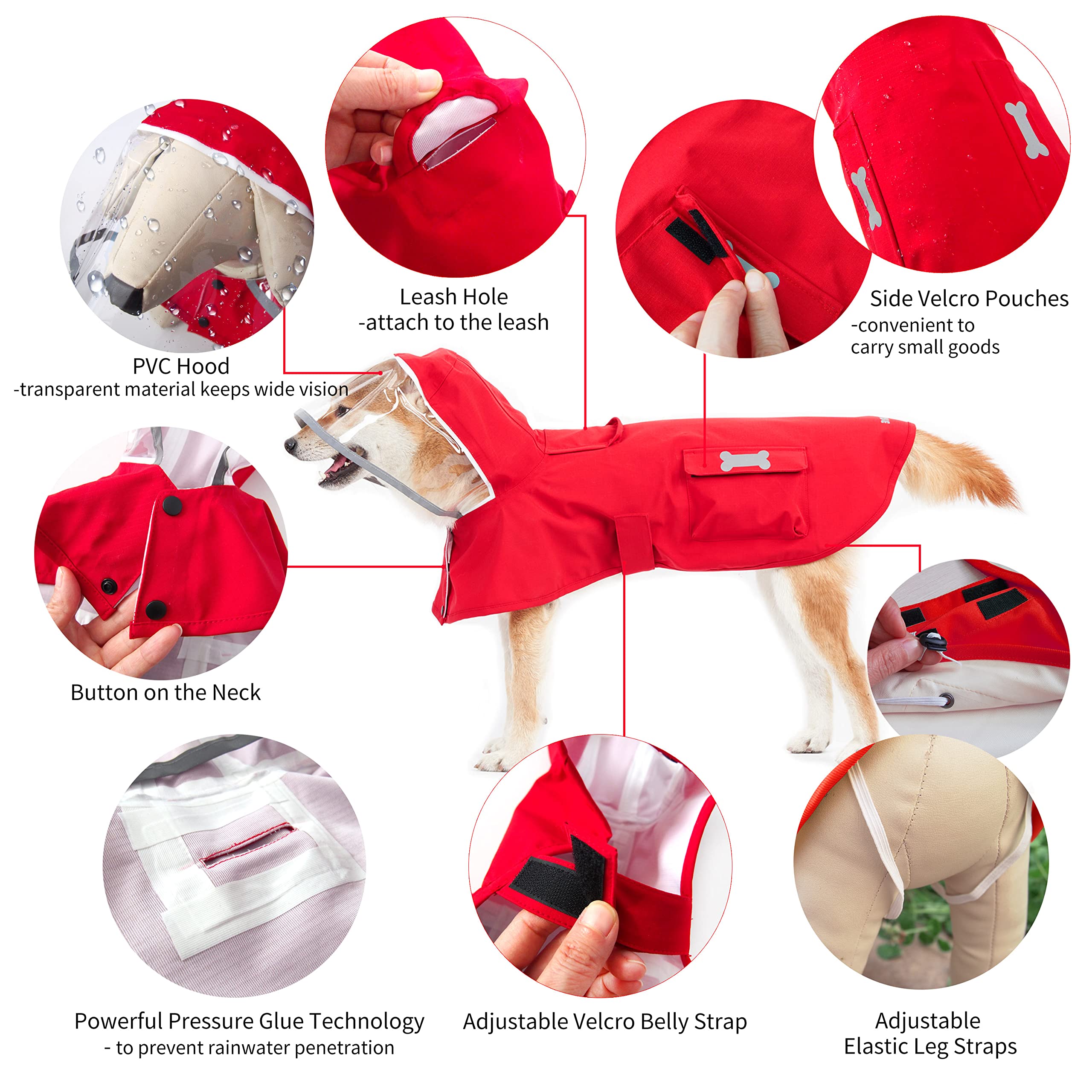 Impermeable para Perro, Poncho de Lluvia Impermeable con Capucha, Chaqueta de Lluvia Ajustable para Mascotas con Agujero para Correa para Perros pequeños, medianos y Grandes (Rojo, Grande)