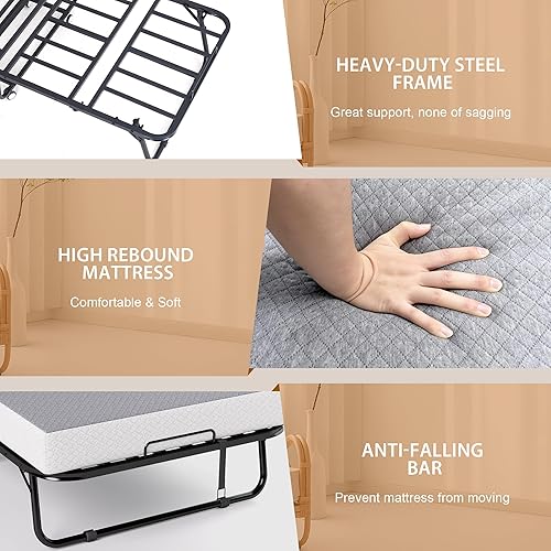 Vista 4 de Cama plegable con colchón de espuma viscoelástica, camas portátiles plegables para huéspedes con ruedas, 75"x38" tamaño individual, cama tamaño Gris
